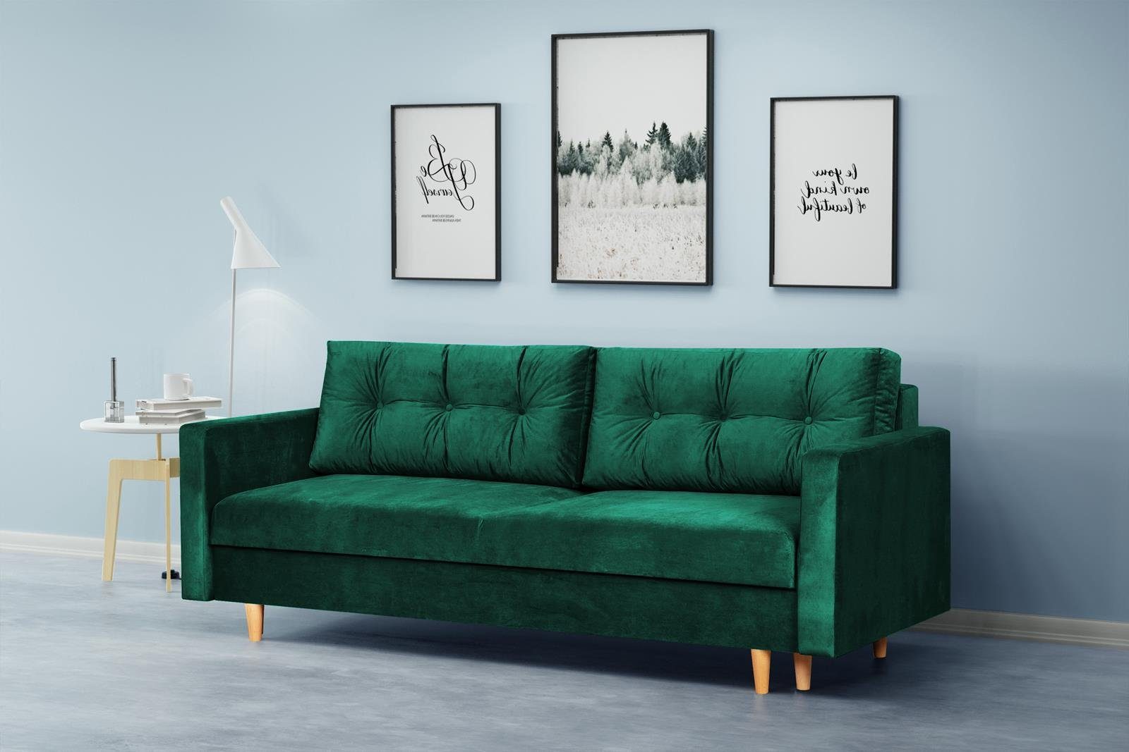 Beautysofa Schlafsofa Sigurd, mit Schlaffunktion und Bettkasten, Polstersofa aus Velours, Sofa im skandinavisches Stil, Couch für Wohnzimmer Flasches grün (kronos 19)