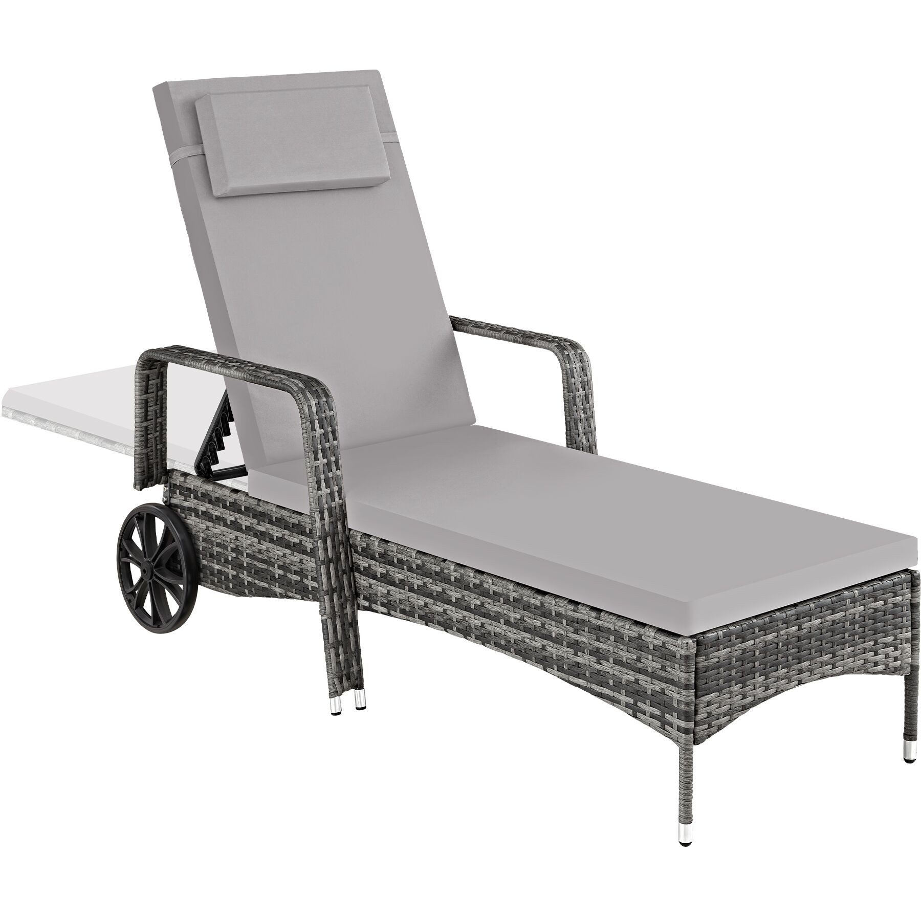 tectake Gartenliege Rattan Sonnenliege, abnehmbares Kopfkissen, 200 x 70 x 33 cm, Balkonliege, 1 St., für Außen in Grau/Hellgrau, widerstandsfähig, UV-beständig, verstellbar Rückenlehne, mit Rädern