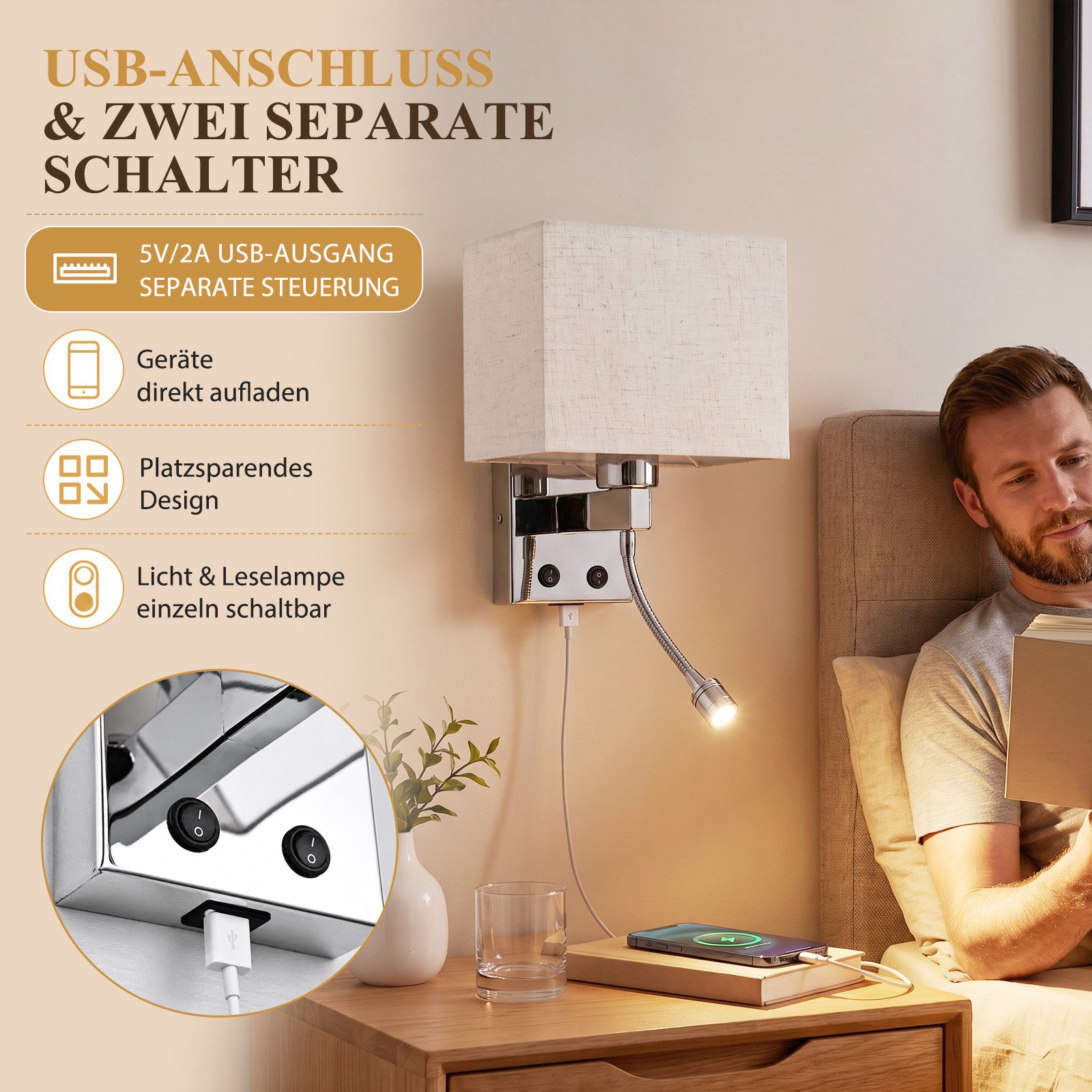 ZMH Wandleuchte Innenwandleuchte mit USB-Ladeanschluss und 2-Watt-Leseleuchte, ohne Leuchtmittel, Beinhaltet einen USB-Ladeanschluss und eine 2-Watt-Leseleuchte.