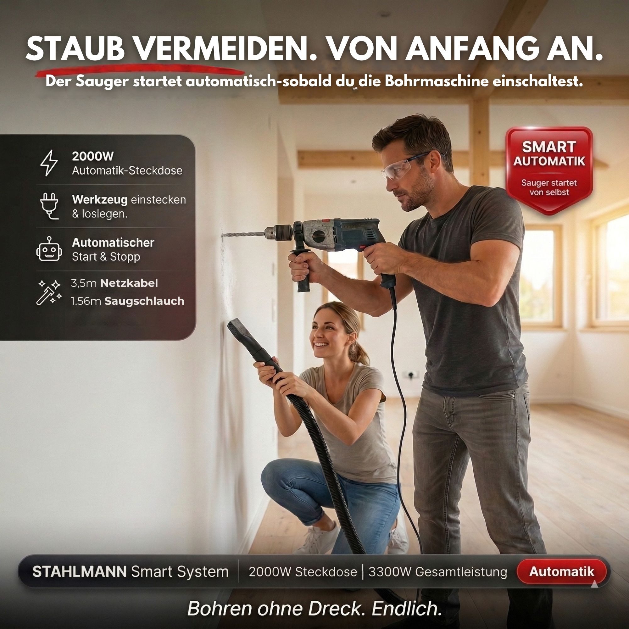 Stahlmann Industriesauger STAHLMANN VAC3300 Industriestaubsauger Nasssauger Trockensauger, 3300 W, integrierte Steckdose, leistungsstarke 3300W, Blasfunktion