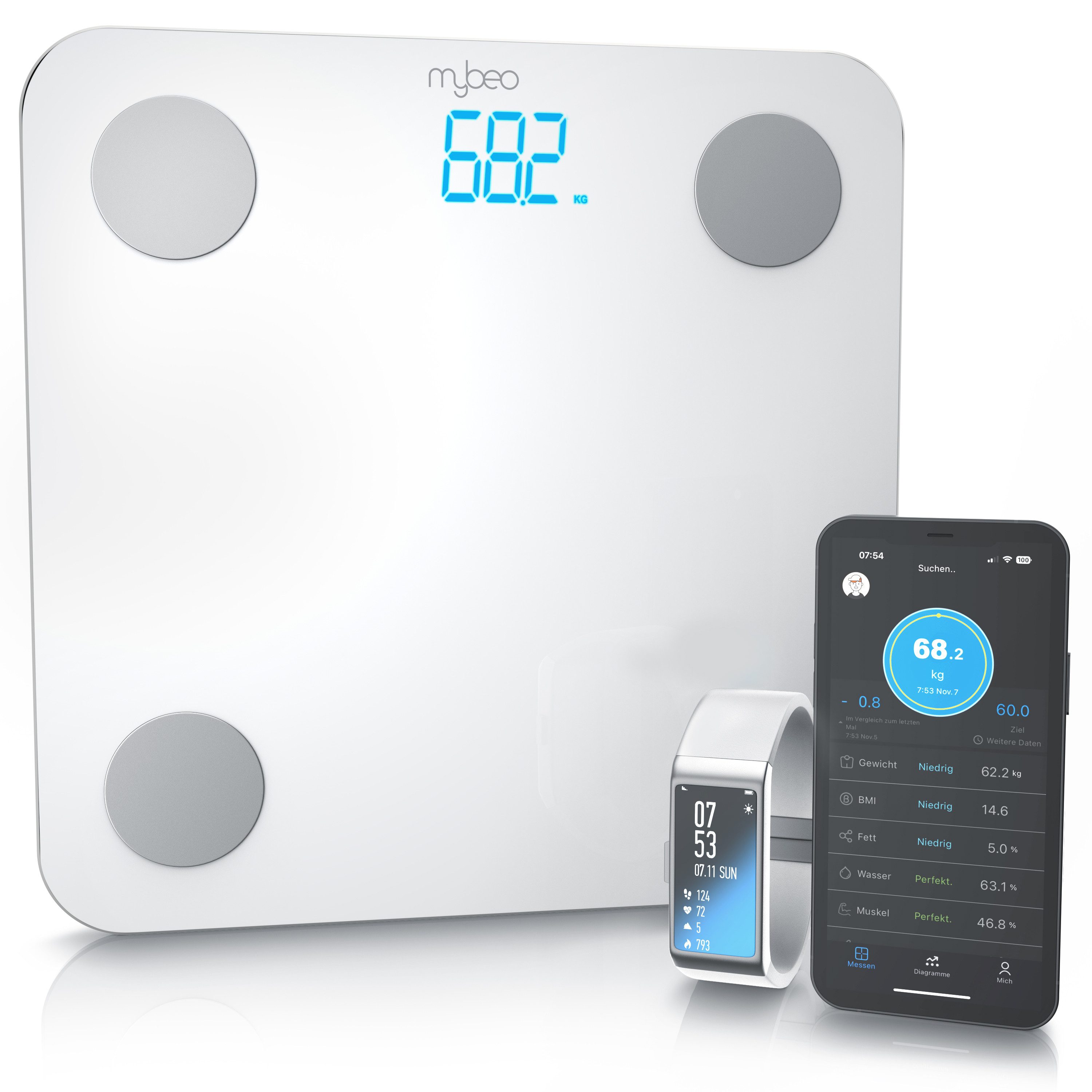 MyBeo Körper-Analyse-Waage Digitale Bluetooth Körperfettwaage, Diagnosewaage mit App-Steuerung, 1-tlg., Multifunktionswaage, BMI, Körperfett, Wasser & Muskelanteil, 5-180 kg