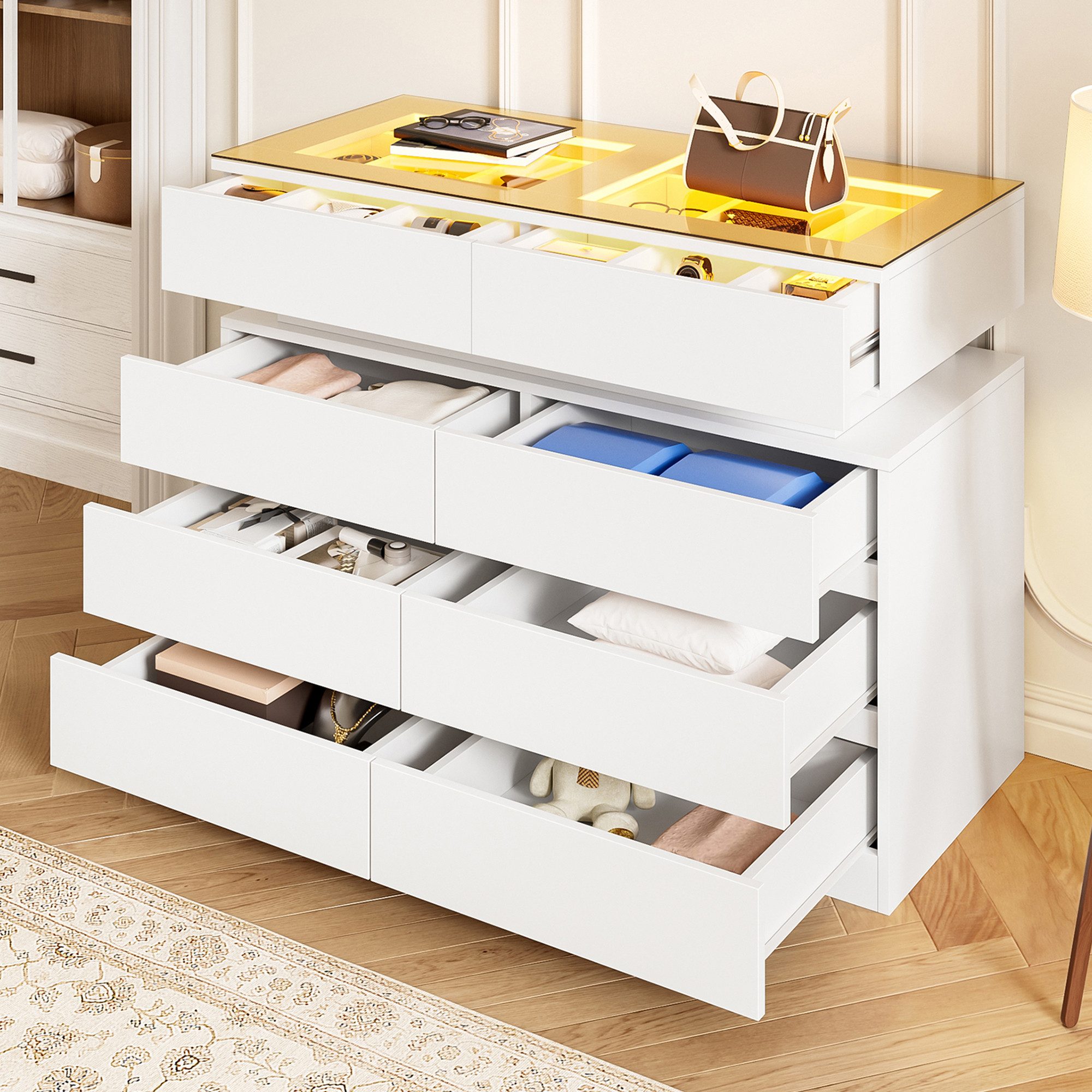 STILVORA Sideboard mit Glas & LED Aufbewahrungsschrank mit praktischer Unterteilung Weiß (8 Schubladen, mit praktischer Unterteilung,kippsicher, Weiß, 100x45x76 cm, Robuste PB-Konstruktion, Metallgriffen und -füßen, Einfache Montage), als Schminktisch oder Insel für Ankleidezimmer