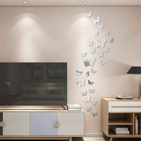 Dedom 3D-Wandtattoo 25 pcs Schmetterling Spiegel Aufkleber,3D Wandaufkleber,Spiegeltapete, Acryl Schmetterling Wanddekoration für Wohnzimmer Schlafzimmer Büro