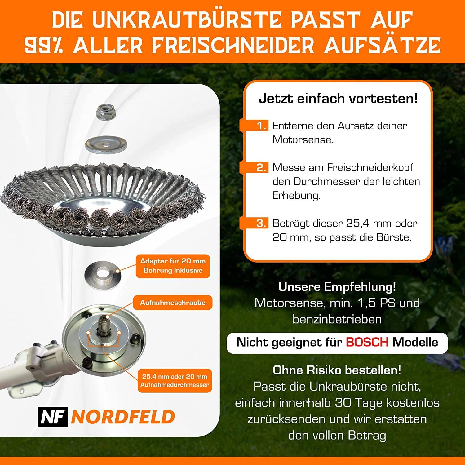 NORDFELD Benzin-Motorsense Unkrautbürste Freischneider 25,4 mm, Wildkrautbürste für Motorsense, Freischneider, Motorsense – Bild 3 von 5