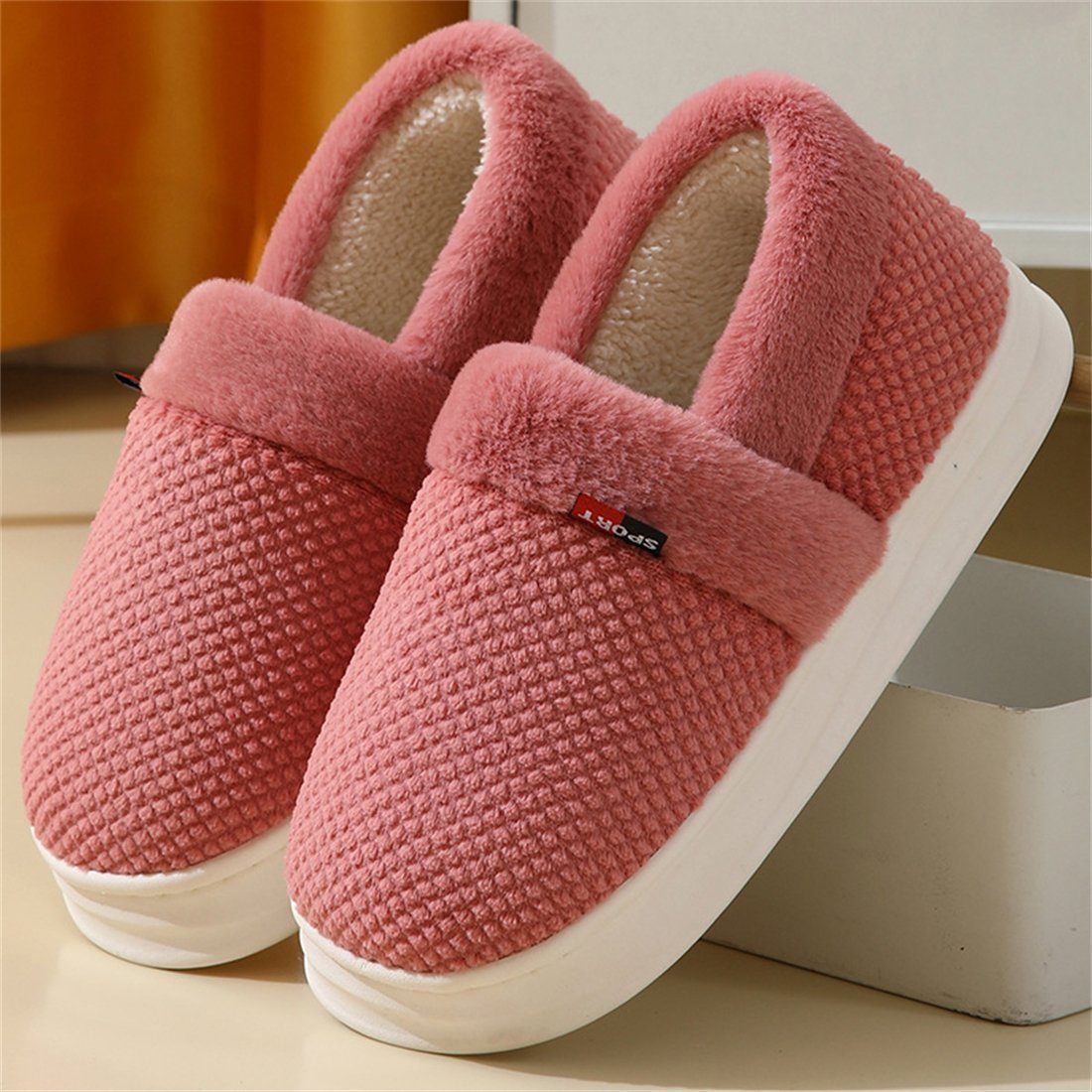 YOOdy~ damen Wollflor Baumwolle Hausschuhe herrenDicker Sohle Warme Slipper Plüsch Hausschuhe (1-tlg) mit Allem,hausschuhe, Freizeit und Mode für Innen und Außen Leder Rot