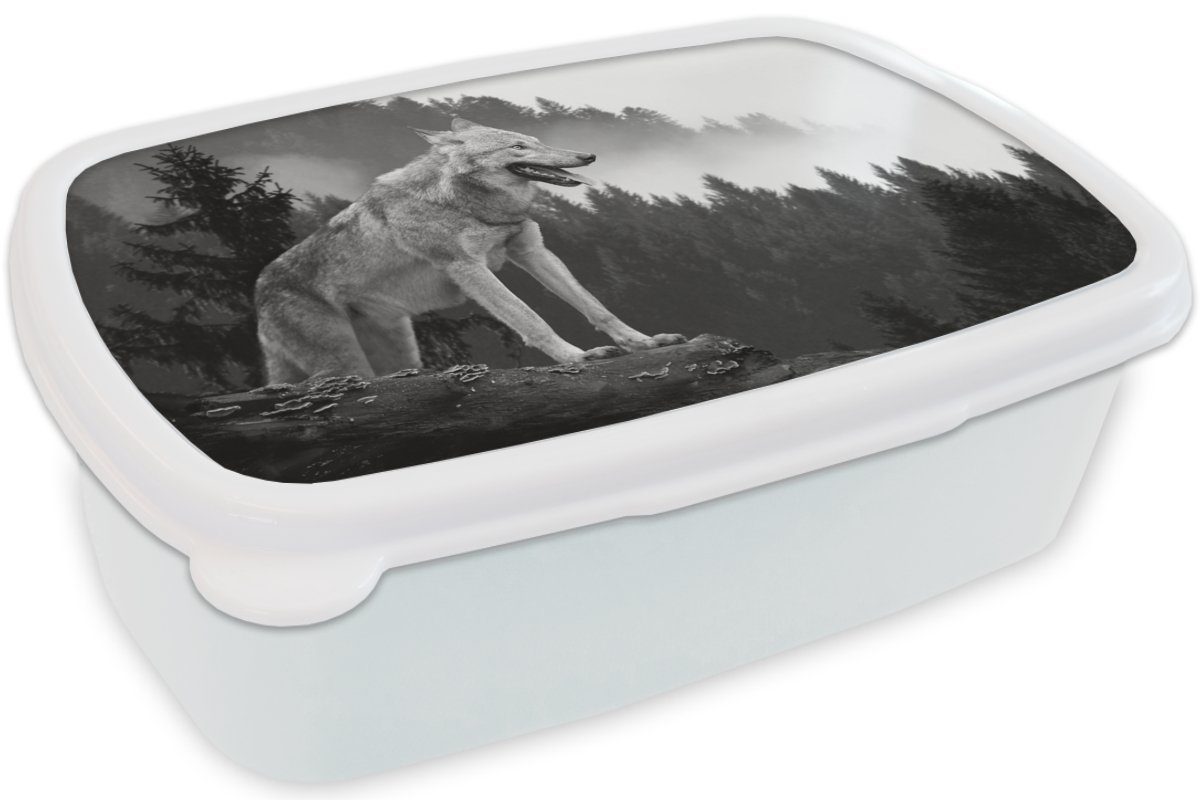 MuchoWow Lunchbox Wolf - Erwachsene, Weiß, Kinder Brotdose, - und Kunststoff, Brotbox für (2-tlg), Jungs - und Mädchen Schwarz Wald für