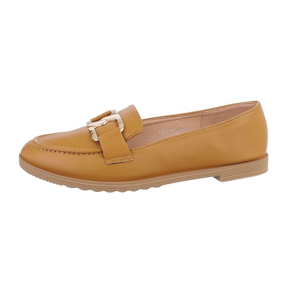 Ital-Design Damen Mokassins Freizeit Slipper Blockabsatz Mokassins in Camel