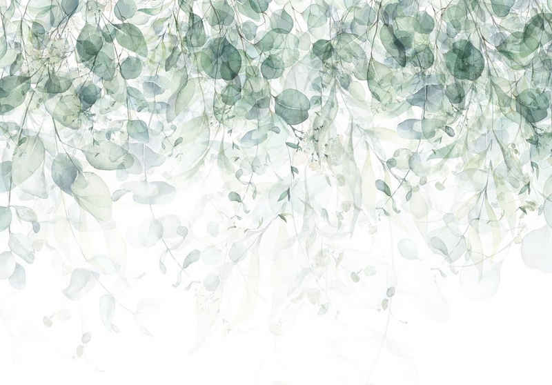 Wallarena Fototapete Selbstklebend Blätter Pflanzen Pastell Laub wie gemalt Weiß Grün Modern Wohnzimmer Schlafzimmer, Struktur, botanisch, Selbstklebende Fototapete