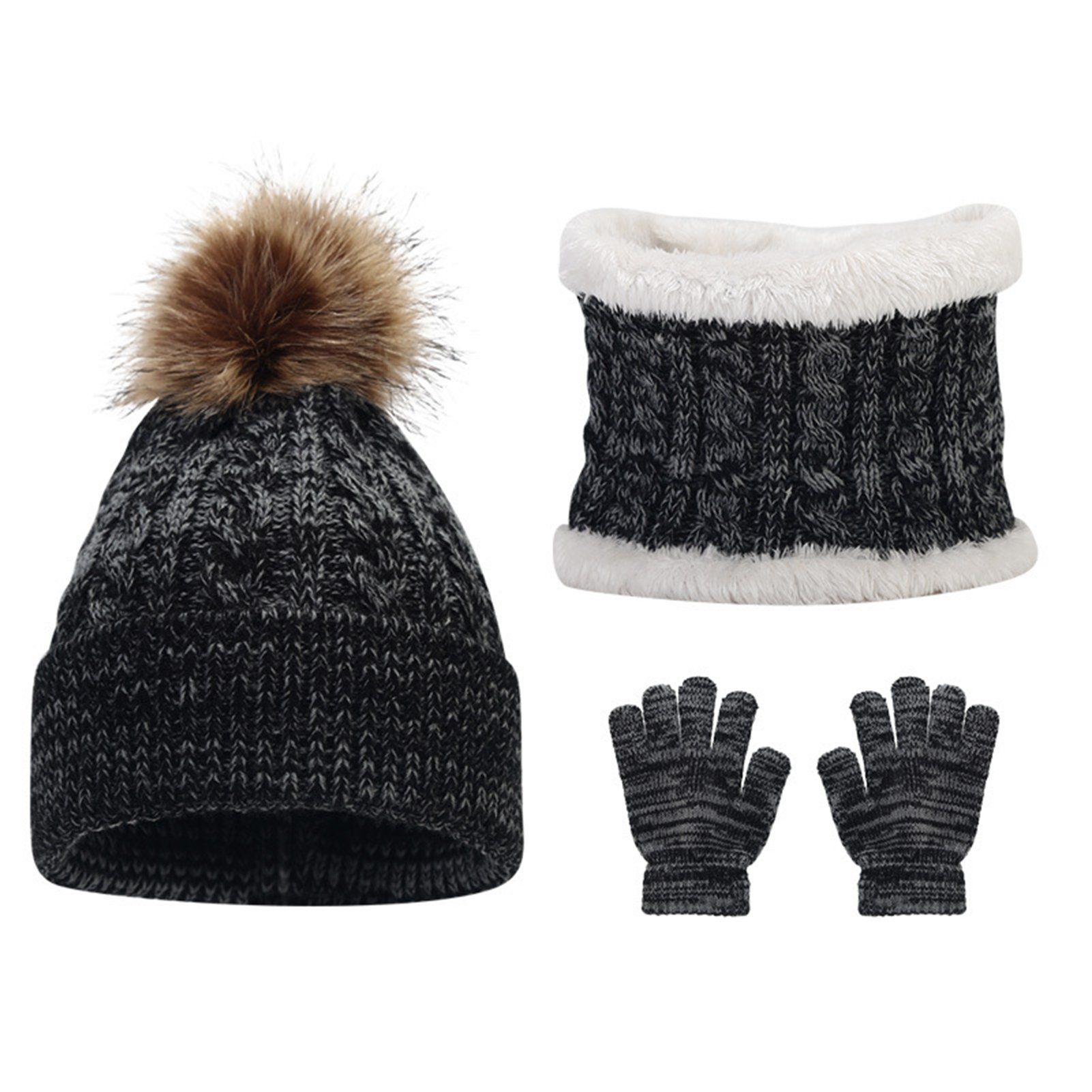 Rutaqian Mütze & Schal 3 In 1 Kinder Wintermütze Handschuhe Schal Set für 2-6 Jahre alt (Warme Winter Beanie Hut Handschuhe Set) Schwarz