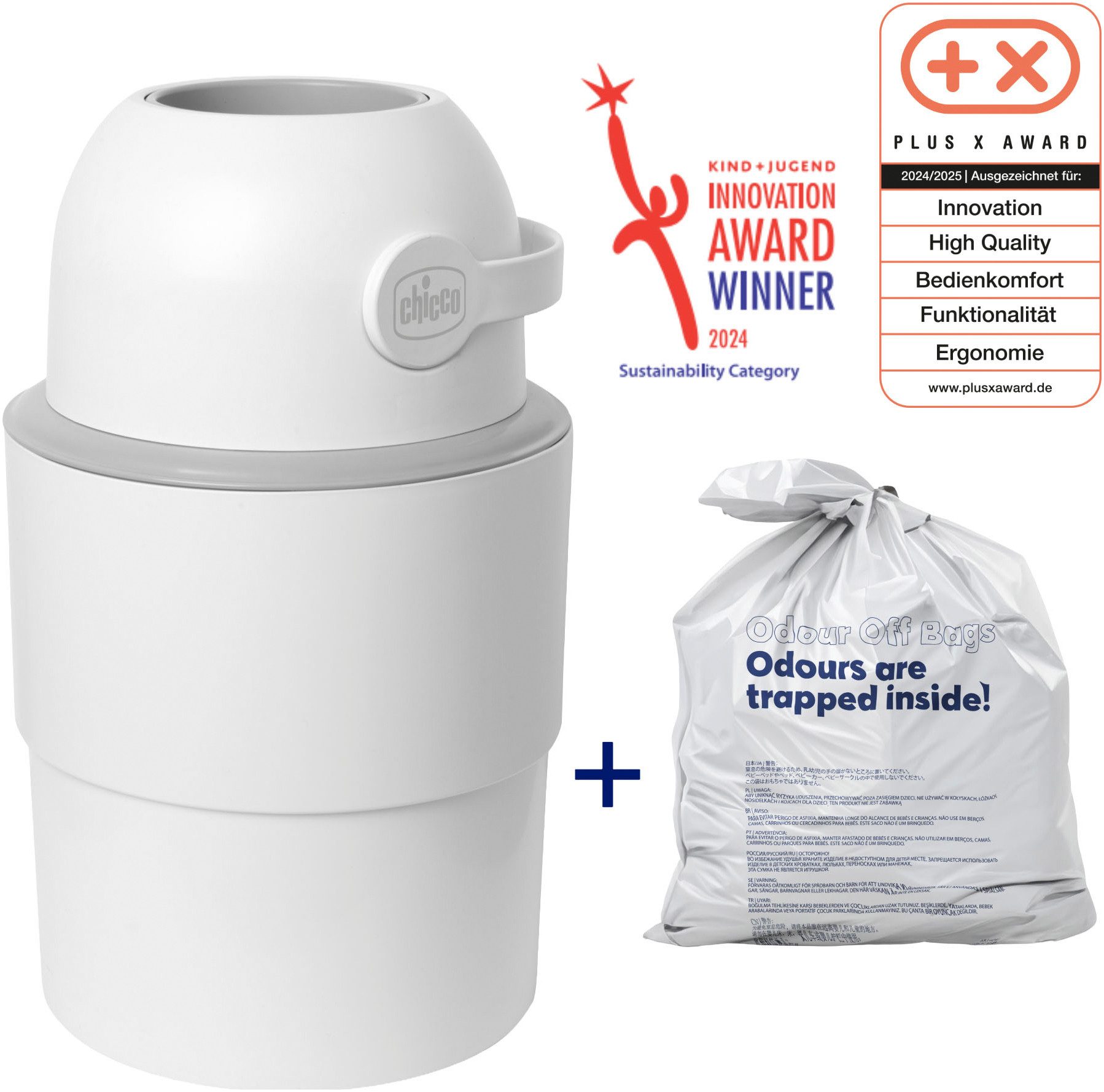 Chicco Windeleimer Odour Off, inkl. 1 Pack Müllbeutel Odouzr off, teilweise aus recyceltem Material