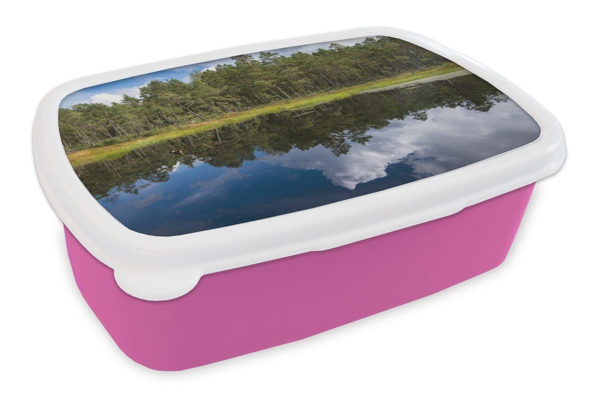 MuchoWow Lunchbox Die Spiegelung der Wälder im Nationalpark Store Mosse in Schweden, Kunststoff, (2-tlg), Brotbox für Erwachsene, Brotdose Kinder, Snackbox, Mädchen, Kunststoff rosa