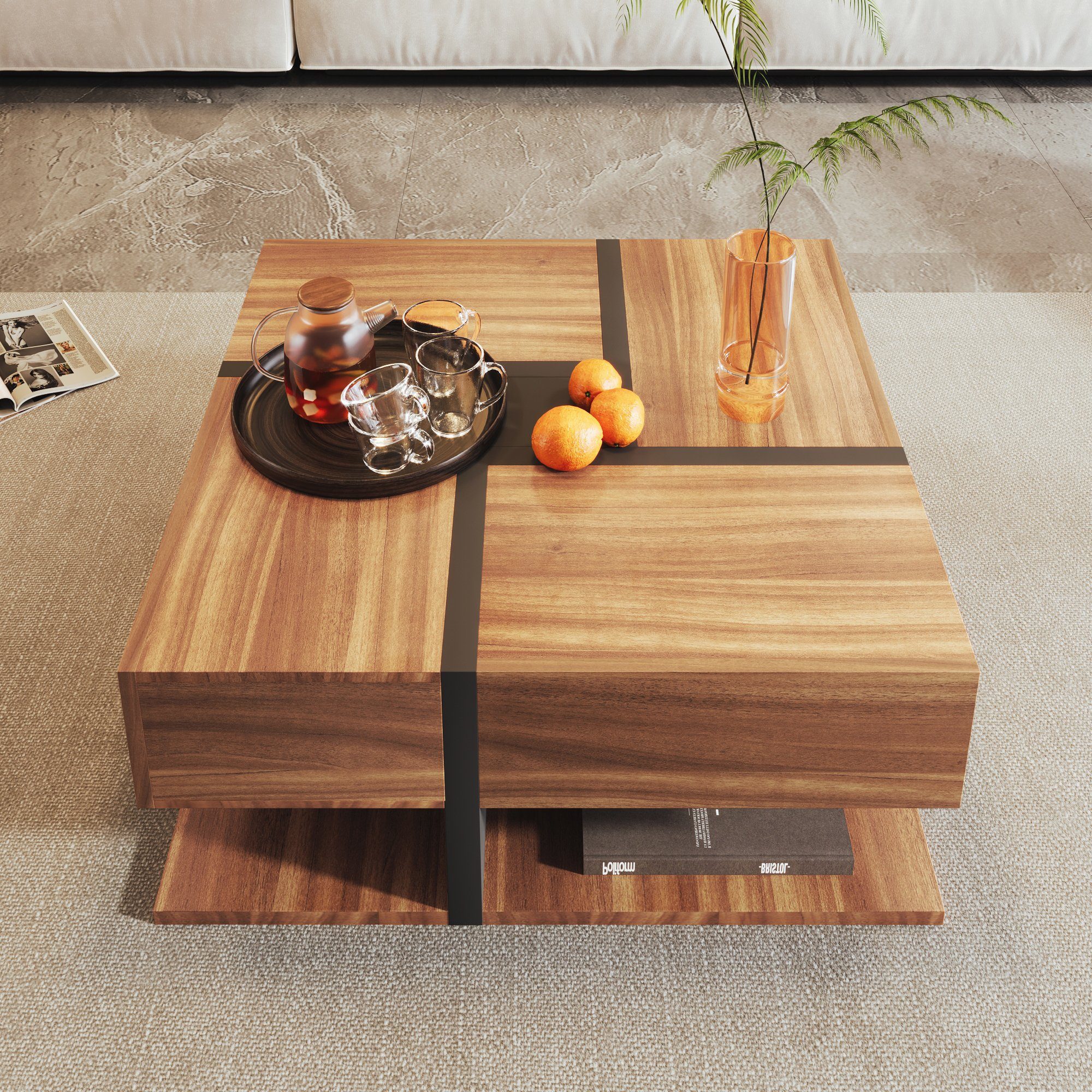 Odikalo Couchtisch Teetisch Kaffeetisch Hochglanz 4 Schubladen Liniendesign Weiss/Natur