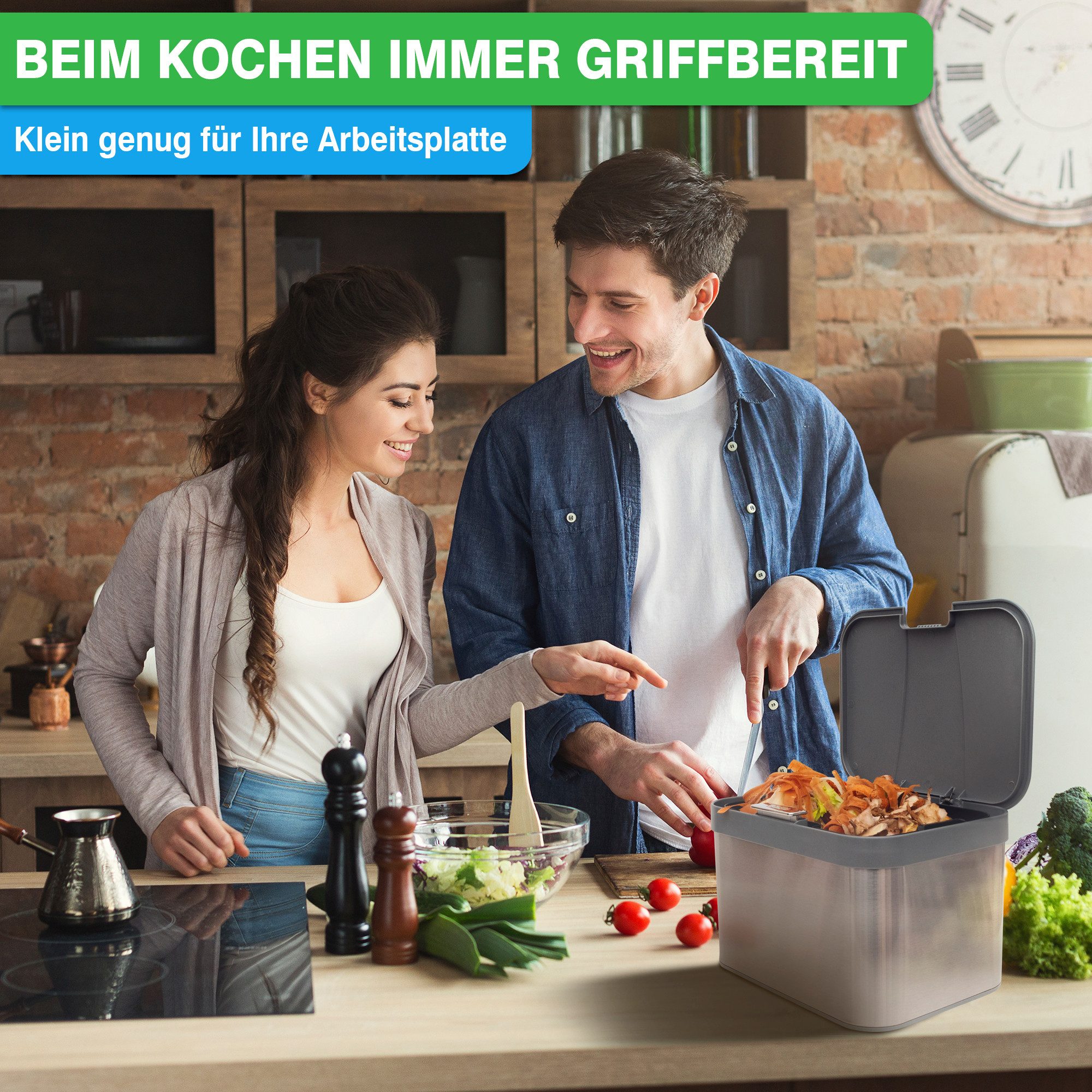 YourCasa Biomülleimer YourCasa® Biomülleimer Küche aus Edelstahl Komposteimer Küche - 4,3L, Deckel öffnet per Knopfdruck, Edelstahlgehäuße – Bild 2 von 5