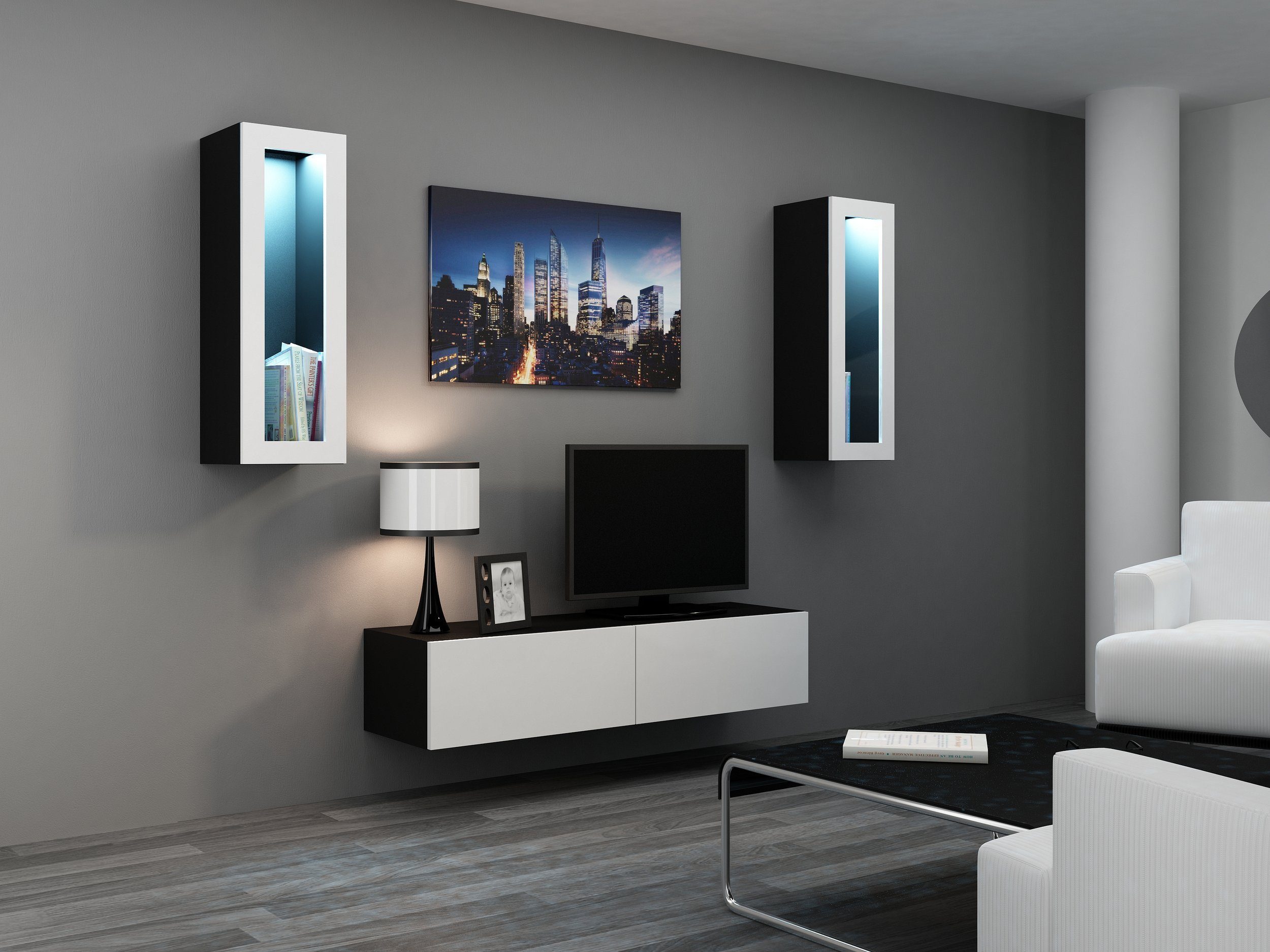 Stylefy Wohnwand Vago VIII, (Set (3-St), Wohnmöbel, Wohnzimmer-Set), bestehend aus 1xLowboard und 2xHängevitrine, Glaselemente, mit Push-to-Open, inkl. LED-Beleuchtung Schwarz/Weiß