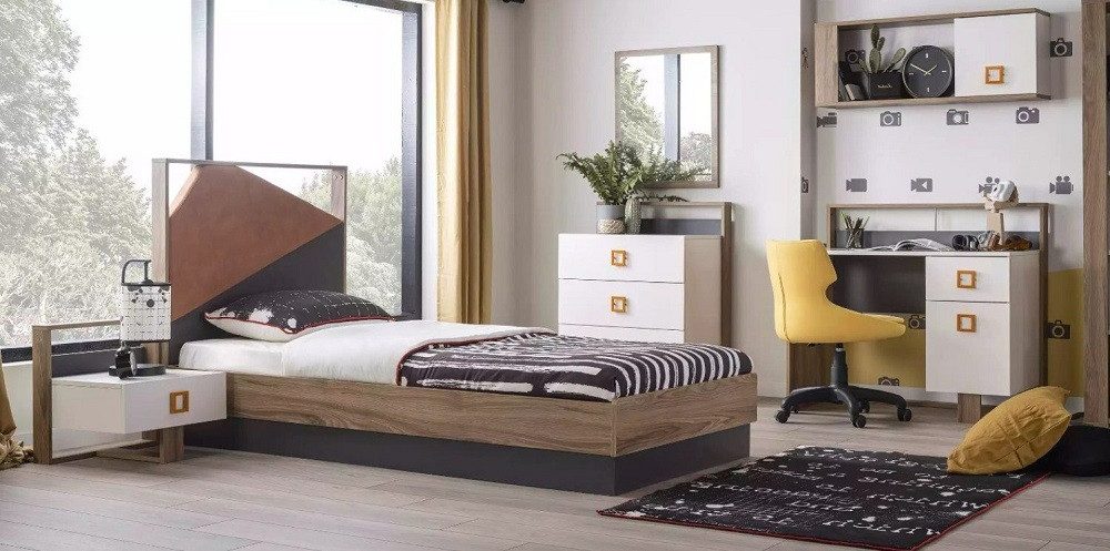 Jugendzimmer-Set Bettrahmen und Möbelset aus Holz in modernem Grau
