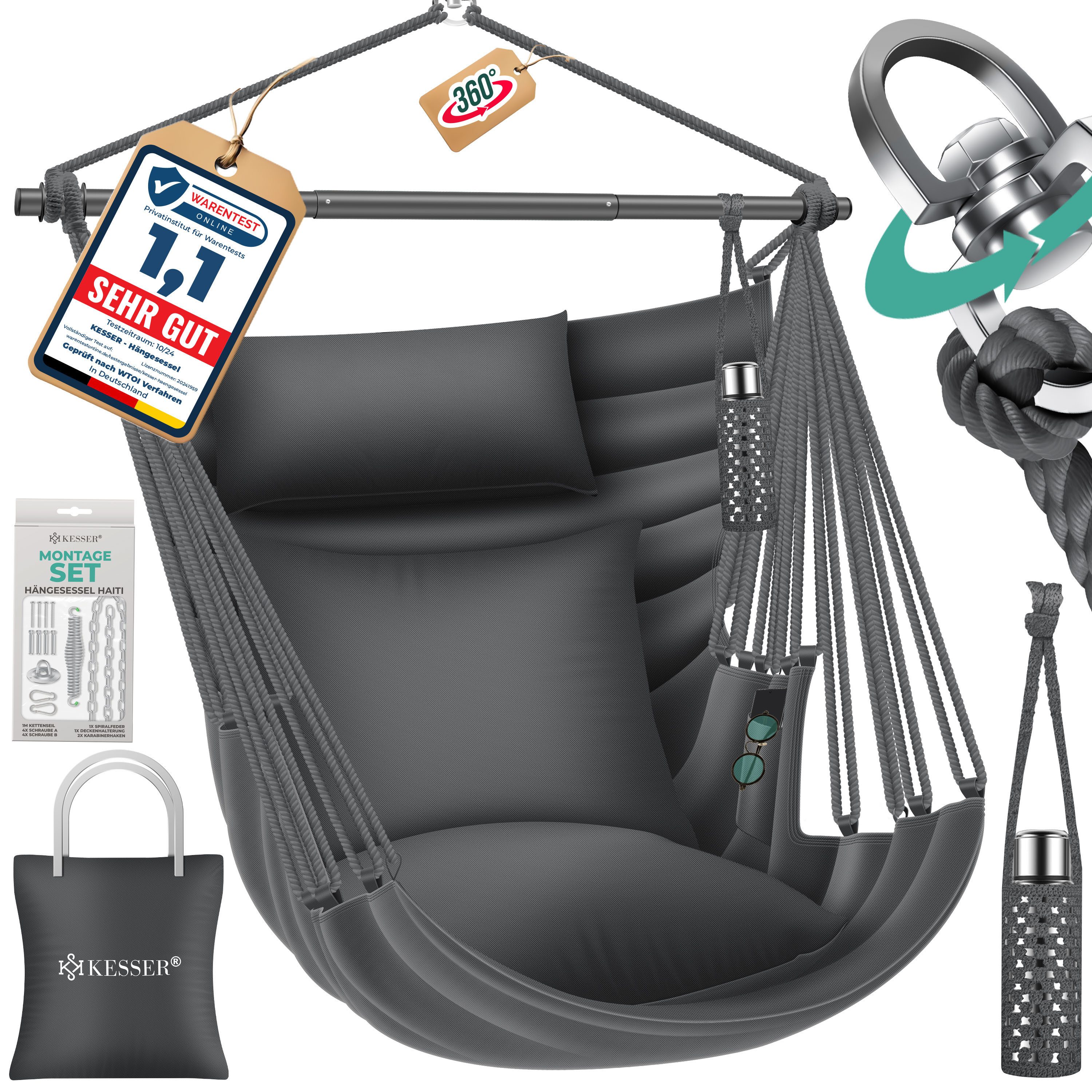 KESSER Hängesessel Haiti 150kg Traglast, Indoor & Outdoor Hängestuhl (Hängeschaukel mit 2 Kissen, Tragetasche, Flaschenhalter & Montage-Set), 360° Hängematte Pflegeleicht, UV-beständig & Wasserfest