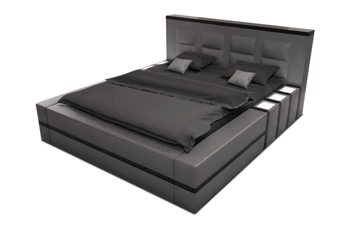 Sofa Dreams Boxspringbett Asti Bett Kunstleder Premium Komplettbett mit LED Beleuchtung, mit Topper, mit Matratze, mit LED Beleuchtung grau-schwarz