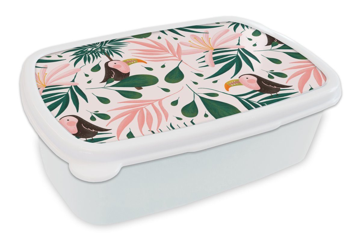 MuchoWow Lunchbox Tukan - Vogel - Blatt - Dschungel, Kunststoff, (2-tlg), Brotbox für Kinder und Erwachsene, Brotdose, für Jungs und Mädchen weiß