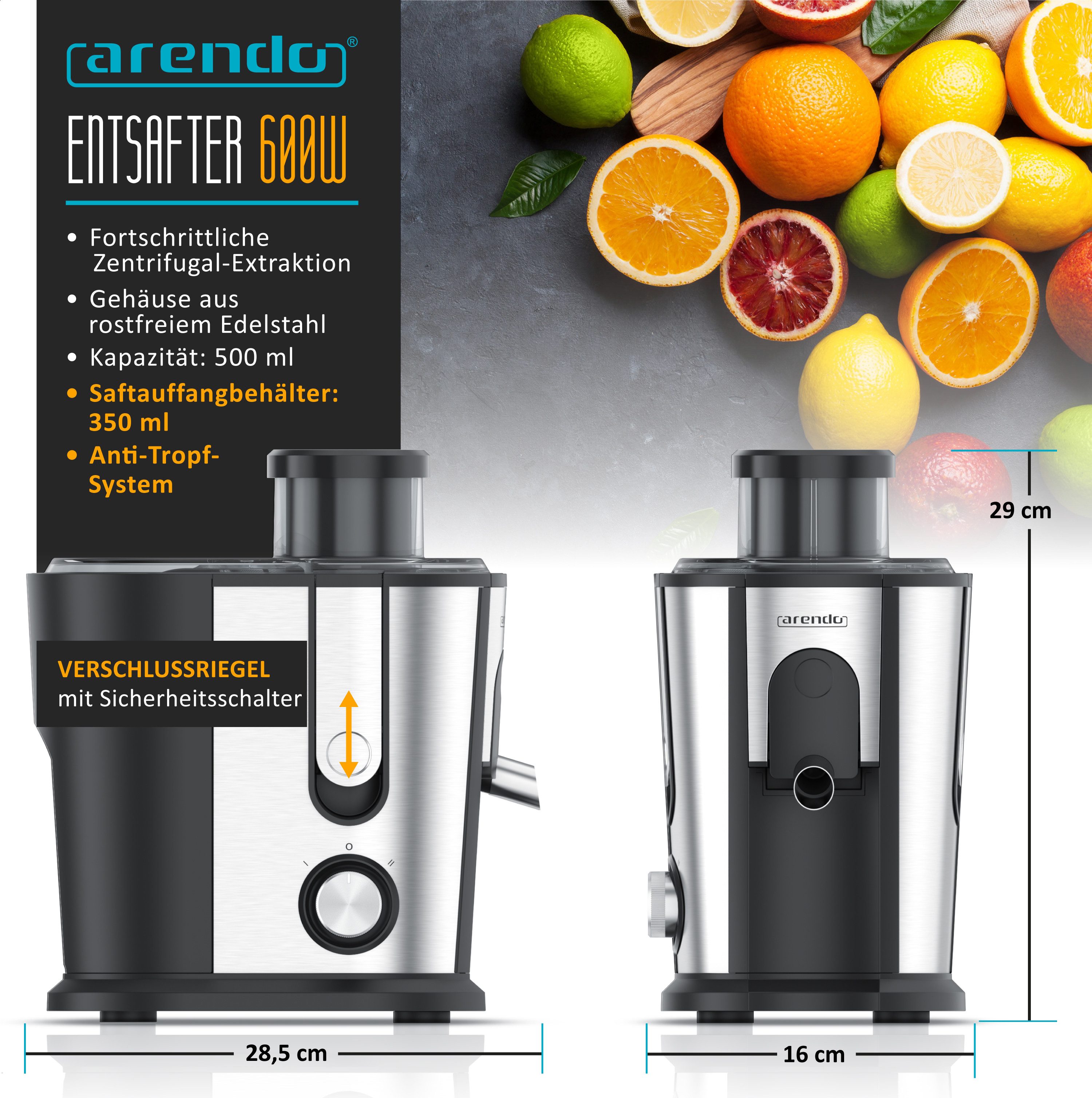 Arendo Zentrifugenentsafter Zentrifugaler Edelstahl Entsafter für Obst und Gemüse, elektrisch, 600 W, elektrisch, 2 Geschwindigkeitsstufen, Überhitzungsschutz, BPA-frei