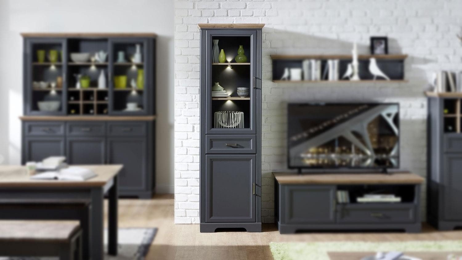 Innostyle Vitrine Vitrine Jasmin Standvitrine in graphit Artisan Eiche 66x204 cm