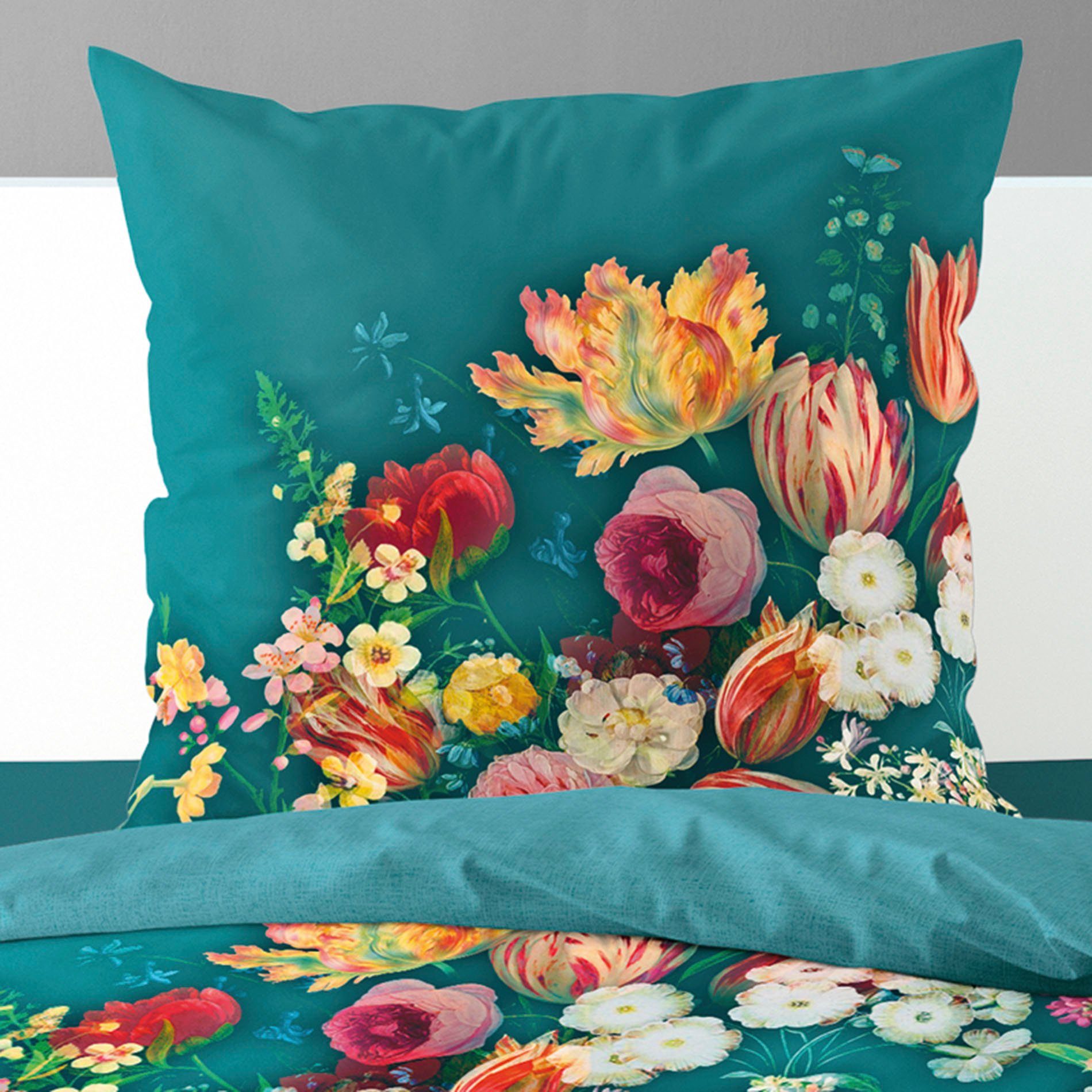 BIERBAUM Wendebettwäsche Petrol Flowers, Mako-Satin, 2 teilig, mit innovativem Digitalprint