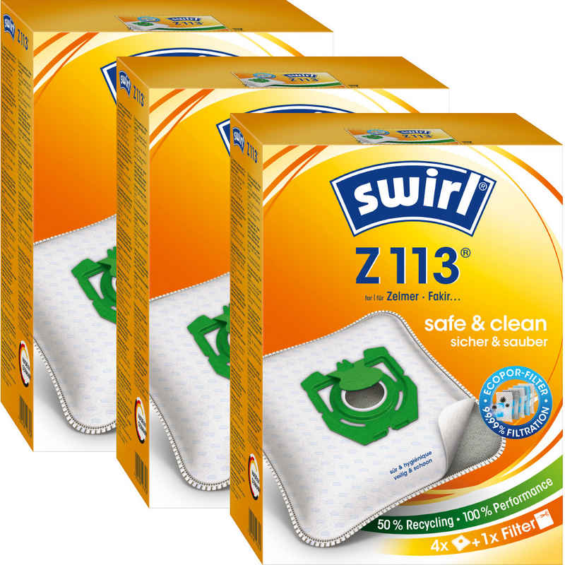 Swirl Staubsaugerbeutel Swirl Z113 Z 113, passend für Zelmer Fakir Quigg, inkl. 3 Filter - zuschneidbar, 12 St., Optimale Passform, EcoPor Qualität für lange Nutzungsdauer