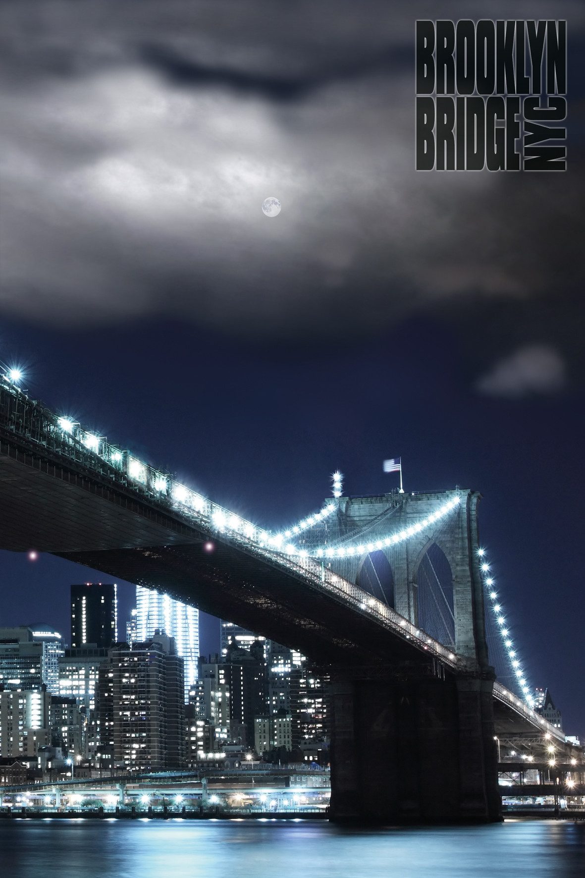 Papermoon Плакат POSTER Nr.087 Brooklyn Bridge, 61 X 91,5 CM, (Brooklyn Bridge New York USA Nacht Beleuchtet), genormte Плакатgröße für Rahmen, Bild Dekoration Wanddeko Motiv Tapete