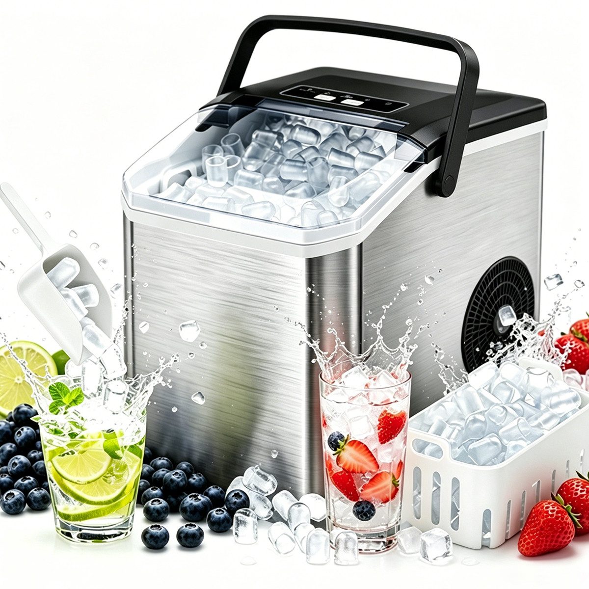 Pdgrid Eiswürfelmaschine Edelstahl ice maker Eiswürfel in 6 Minuten geräuscharm, mit Selbstreinigung ;2 Größen/15 kg/24 H;LED-Anzeige;für Küche,Büro