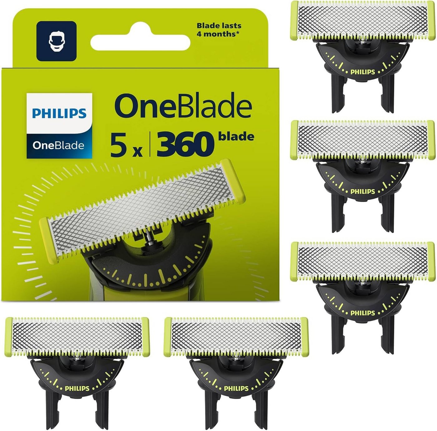 Philips Ersatzscherteile OneBlade Original 360 Klingen 5er-Pack QP450/50, Ersatzklingen-Set, 5 St., 5 x 360 Ersatzklinge, Original Philips 360-Klingen, passend für alle OneBlade Handstücke