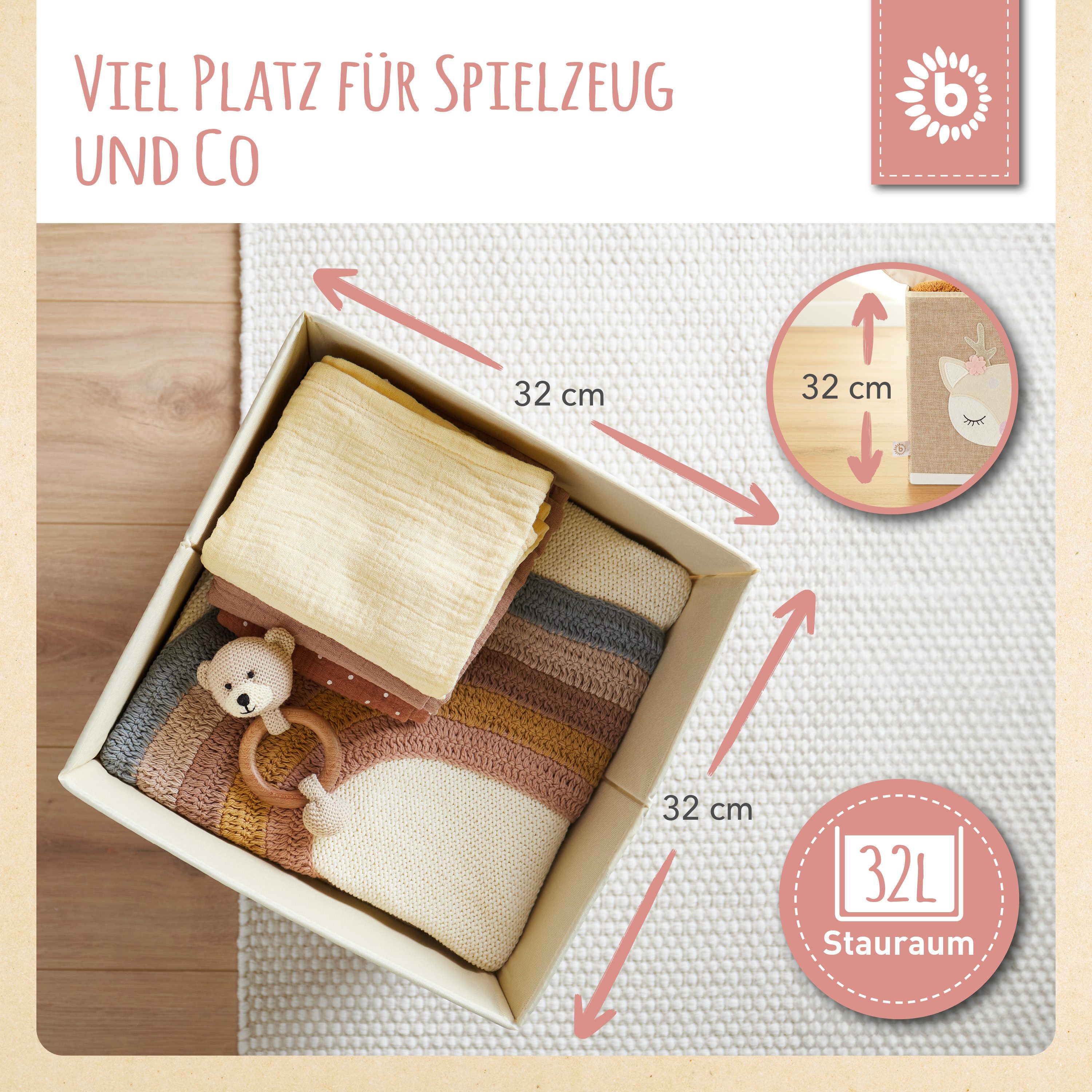 BIECO Spielzeugtruhe Aufbewahrungsbox Kinder Reh 36L faltbar 33x33 Kallax Boxen Spielzeug