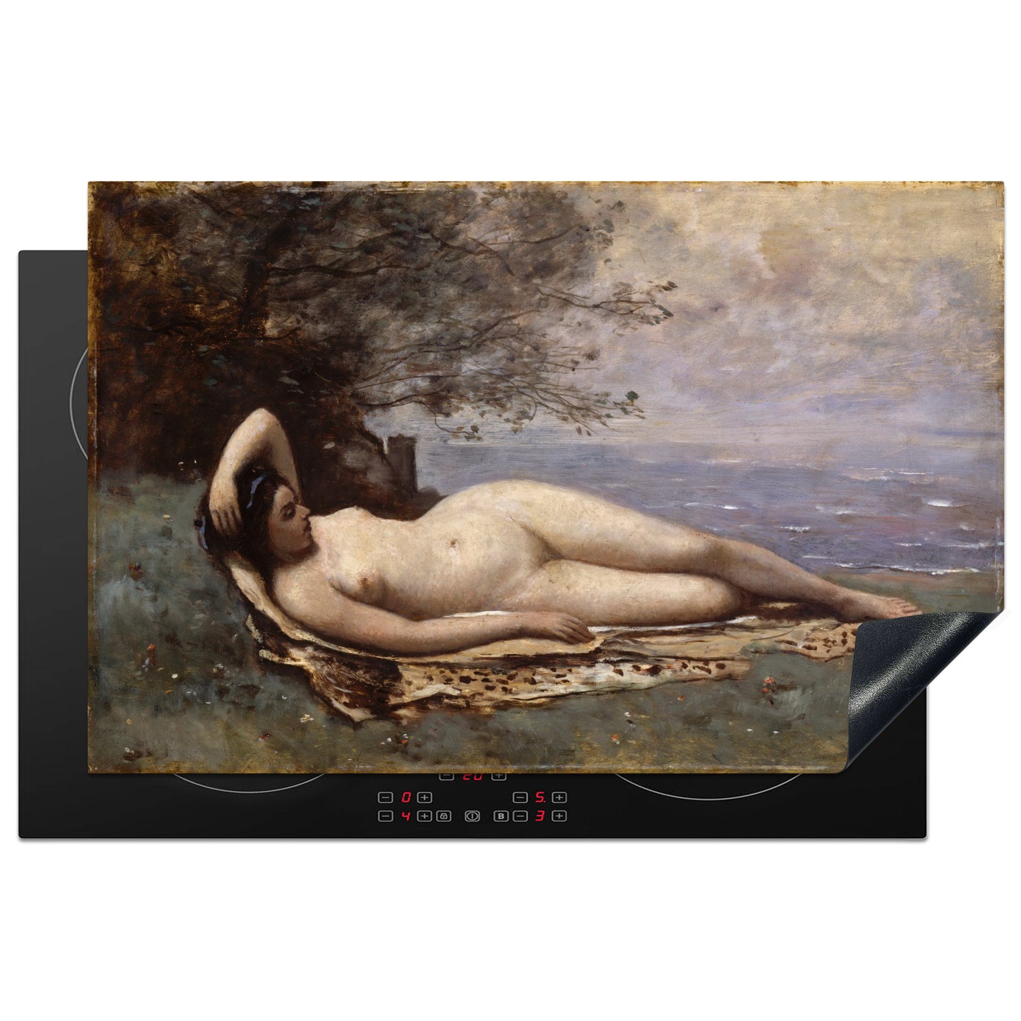 MuchoWow Herdblende-/Abdeckplatte Bacchantin am Meer - Gemälde von Jean-Baptiste-Camille Corot, Vinyl, (1 tlg), 81x52 cm, Induktionskochfeld Schutz für die küche, Ceranfeldabdeckung