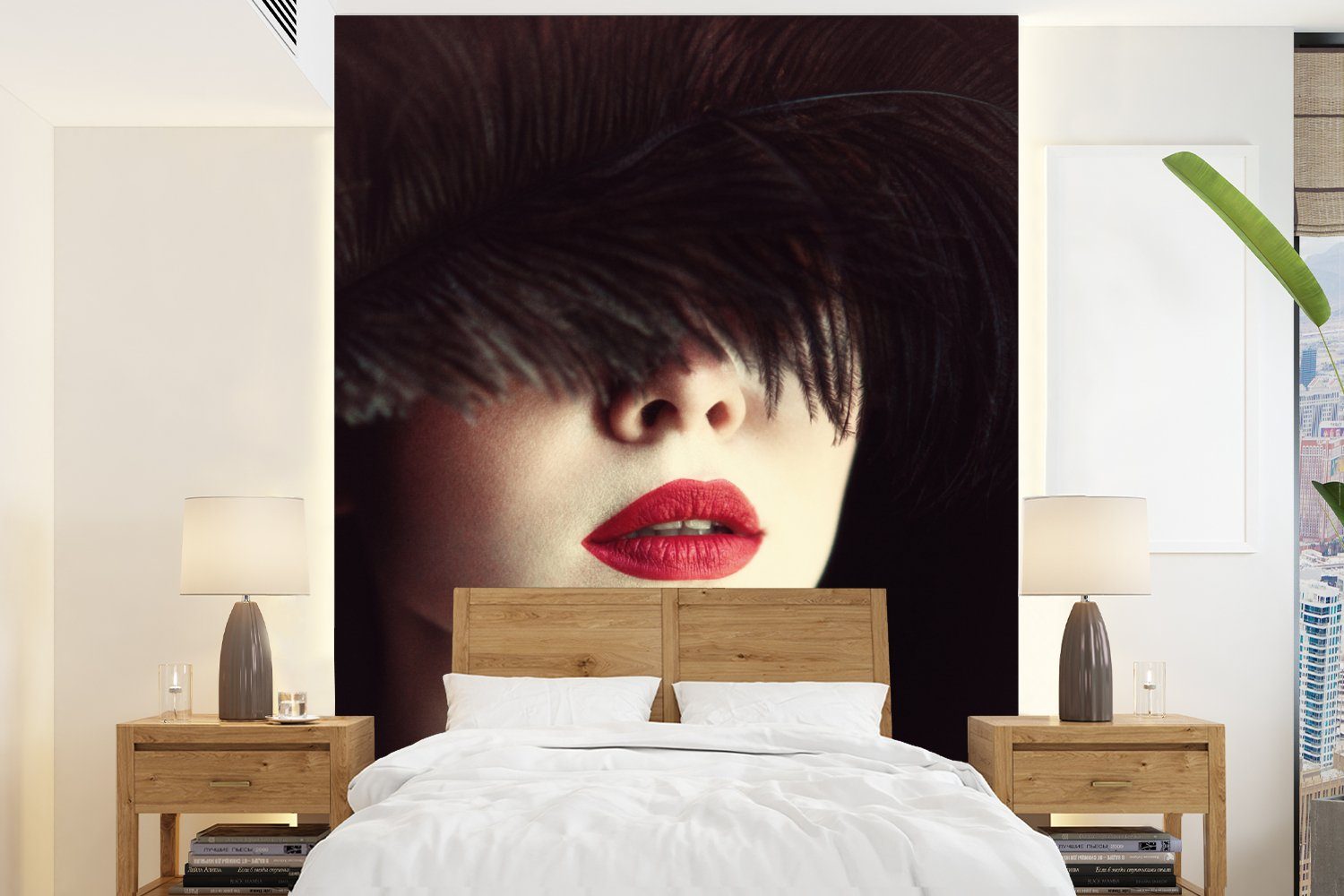 MuchoWow Fototapete Frau - Lippen - Rot - Porträt, Matt, bedruckt, (4 St), Montagefertig Vinyl Tapete für Wohnzimmer, Wandtapete
