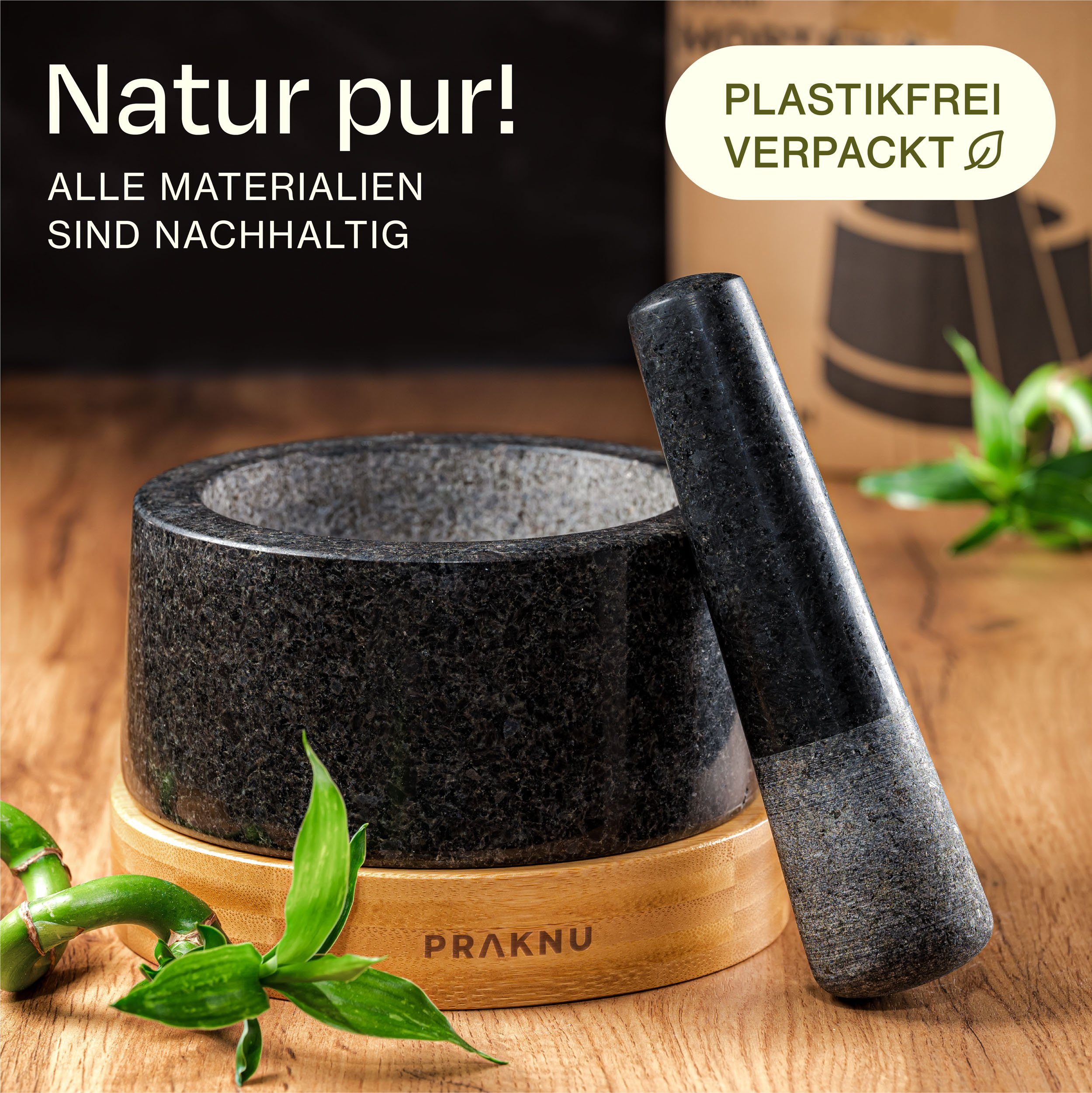 Mahlergebnis Untersetzer ein Stößel Verpackung, Reinigen - zu aus Für - Plastikfreie feines nachhaltigem Mörser Groß - Granit Praknu und FSC Leicht Holz