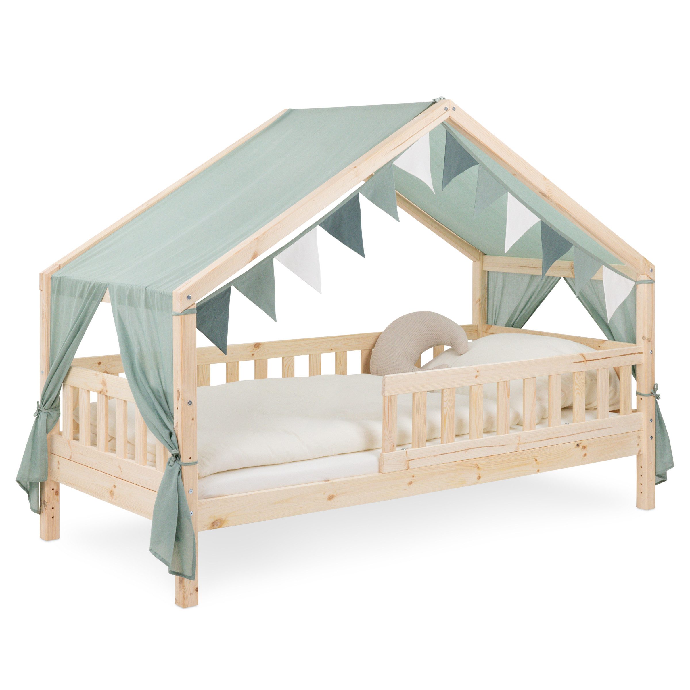 Ehrenkind Betthimmel für Panorama Hausbett Lille mit Wimpelkette (Jade, passend für Panorama Hausbett Lille 90x200), halbtransparenter Stoff mit hoher Luftdurchlässigkeit
