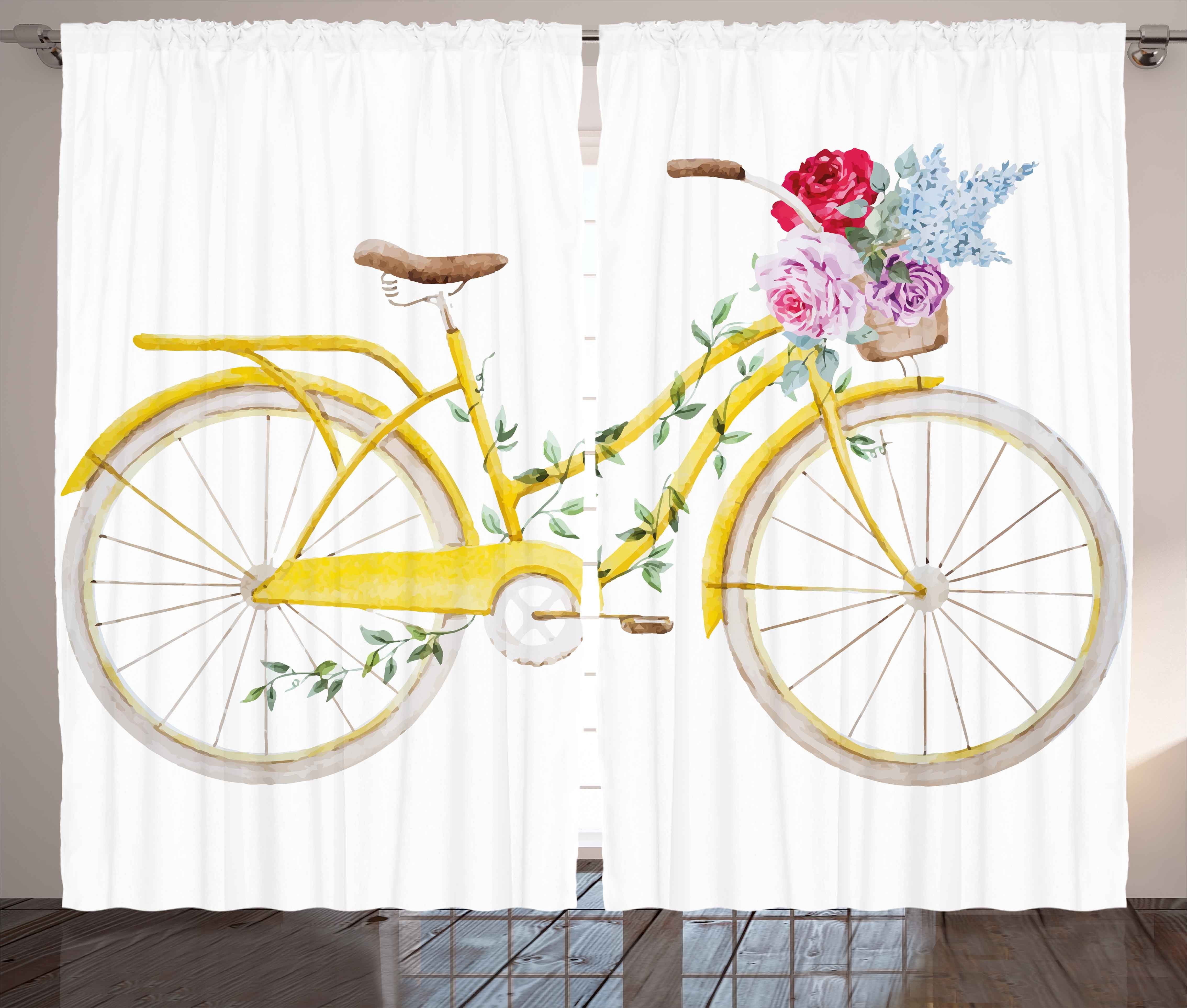 Gardine Schlafzimmer Kräuselband Vorhang mit Schlaufen und Haken, Abakuhaus, Jahrgang Fahrrad mit Blumen