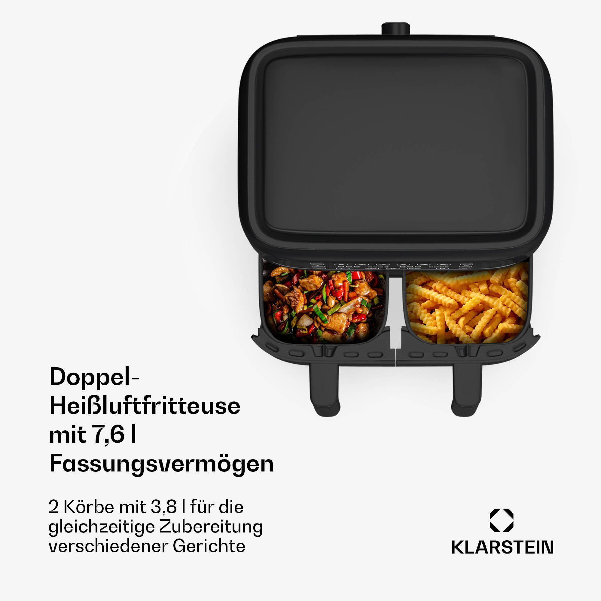Klarstein Heißluftfritteuse, 2850 W, Doppel Heißluftfritteuse doppelkammer 7,6 L 2850W