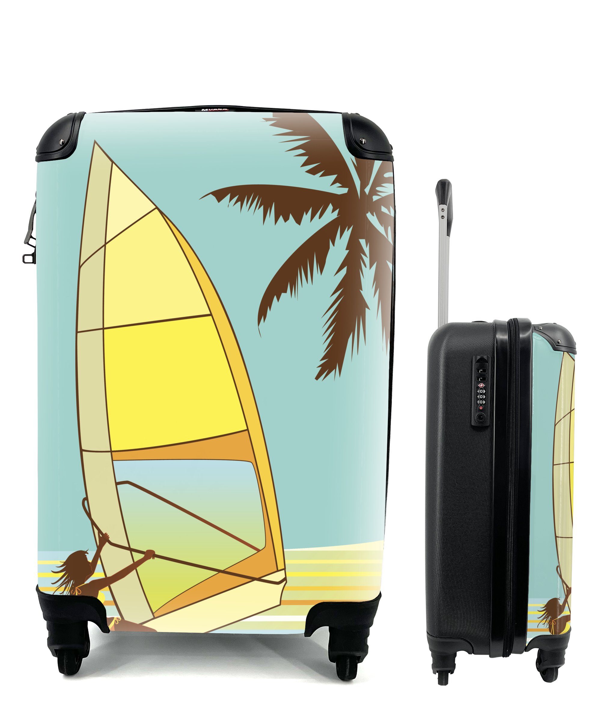 MuchoWow Handgepäckkoffer Eine Illustration eines Mädchens beim Windsurfen, 4 Rollen, Reisetasche mit rollen, Handgepäck für Ferien, Trolley, Reisekoffer