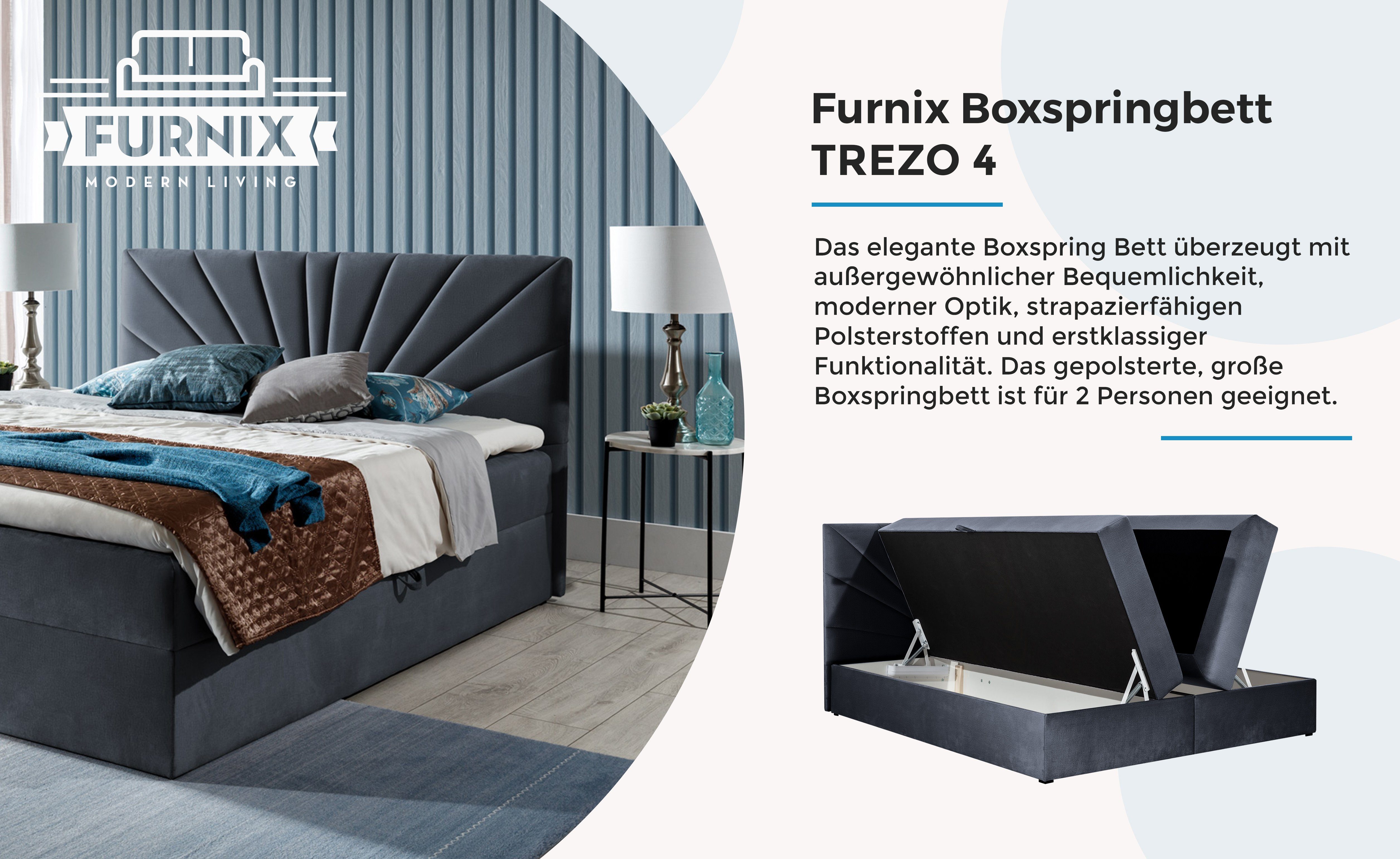 4 hochwertige Grau mit TREZO Furnix Boxspringbett Bettkasten Polsterstoffe cm tiefen 120/140/160/180/200x200 Topper, und