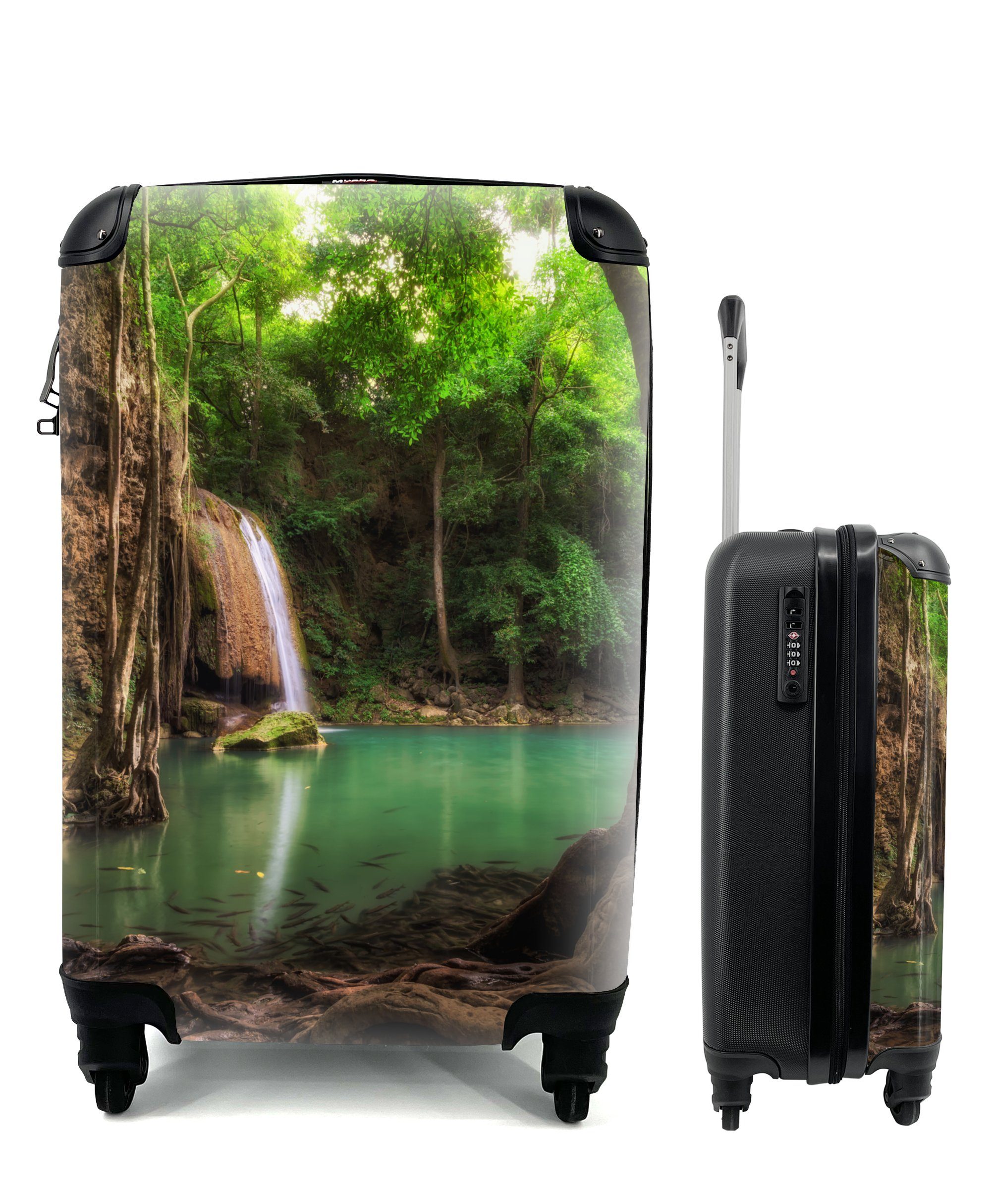 4 Ferien, mit Reisetasche Reisekoffer Handgepäck rollen, Farben Handgepäckkoffer den MuchoWow Wasserfall Rollen, rund Dunkle Trolley, thailändischen, um für im
