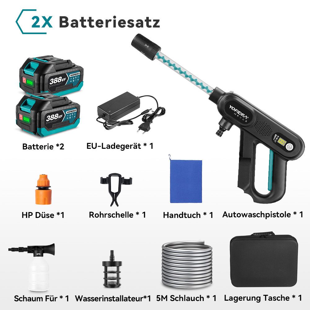 Yofidra Akku-Hochdruckreiniger Mobiler Hochdruck Wasserpistole mit 2 Akkus, für Autos, Terrasse, Druck max: 60 bar, 500 W, Fördermenge max: 246 l/h, 5-in-1-Multifunktionsdüse, 5M Schlauch, Filterkessel