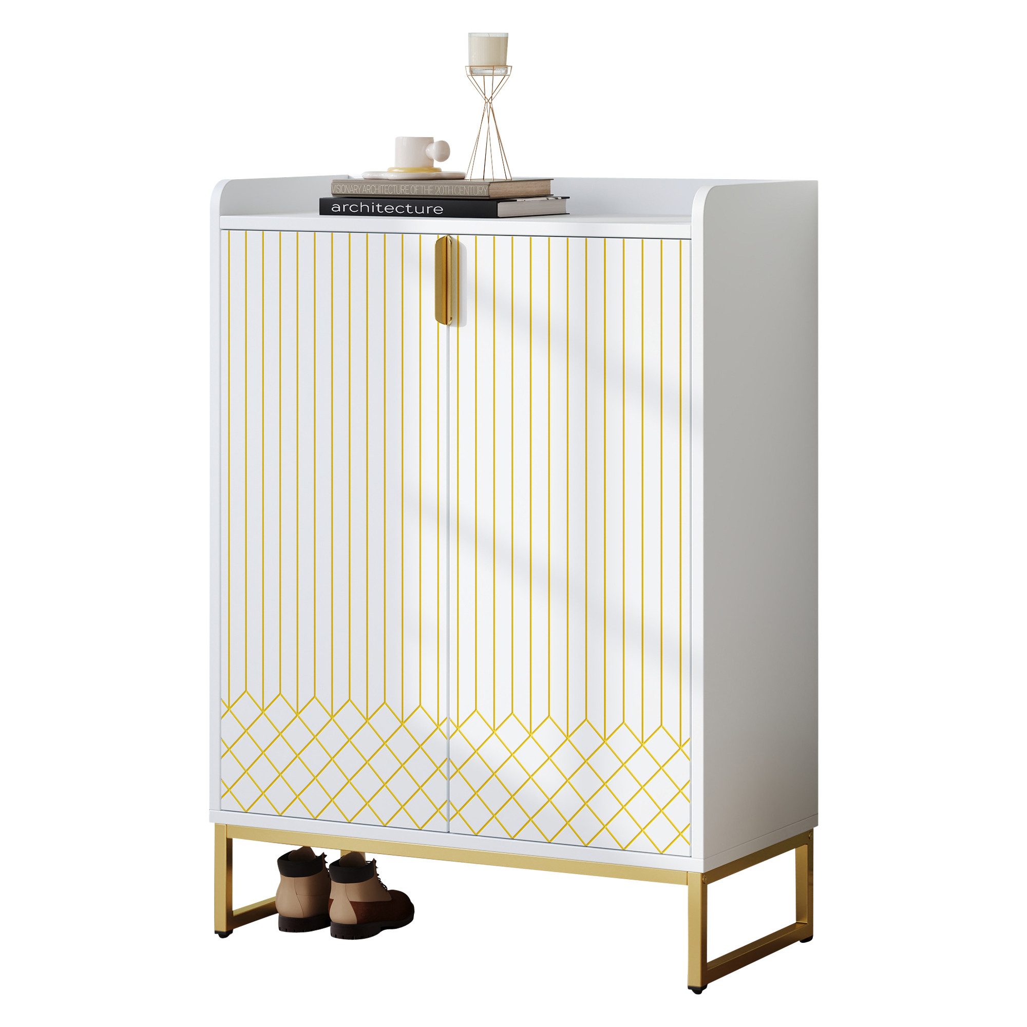 Rutaqian Schuhschrank Weißer Schuhschrank mit Gold-Akzenten – 75x37x105cm, (1-St., Platzsparend & Stilvoll für Flur/Eingangsbereich) Moderner Aufbewahrungsschrank mit Metallbeinen
