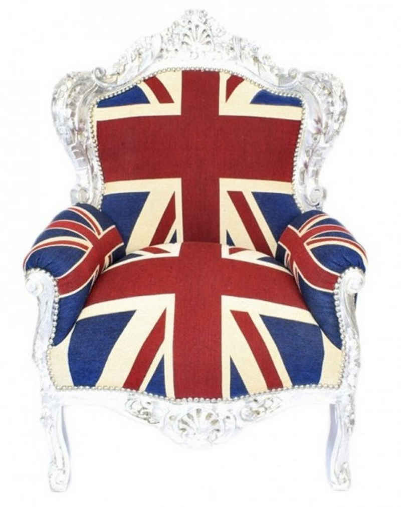 Casa Padrino Sessel Barock Sessel "King" Union Jack / Silber - Möbel Antik Stil- Englische Flagge