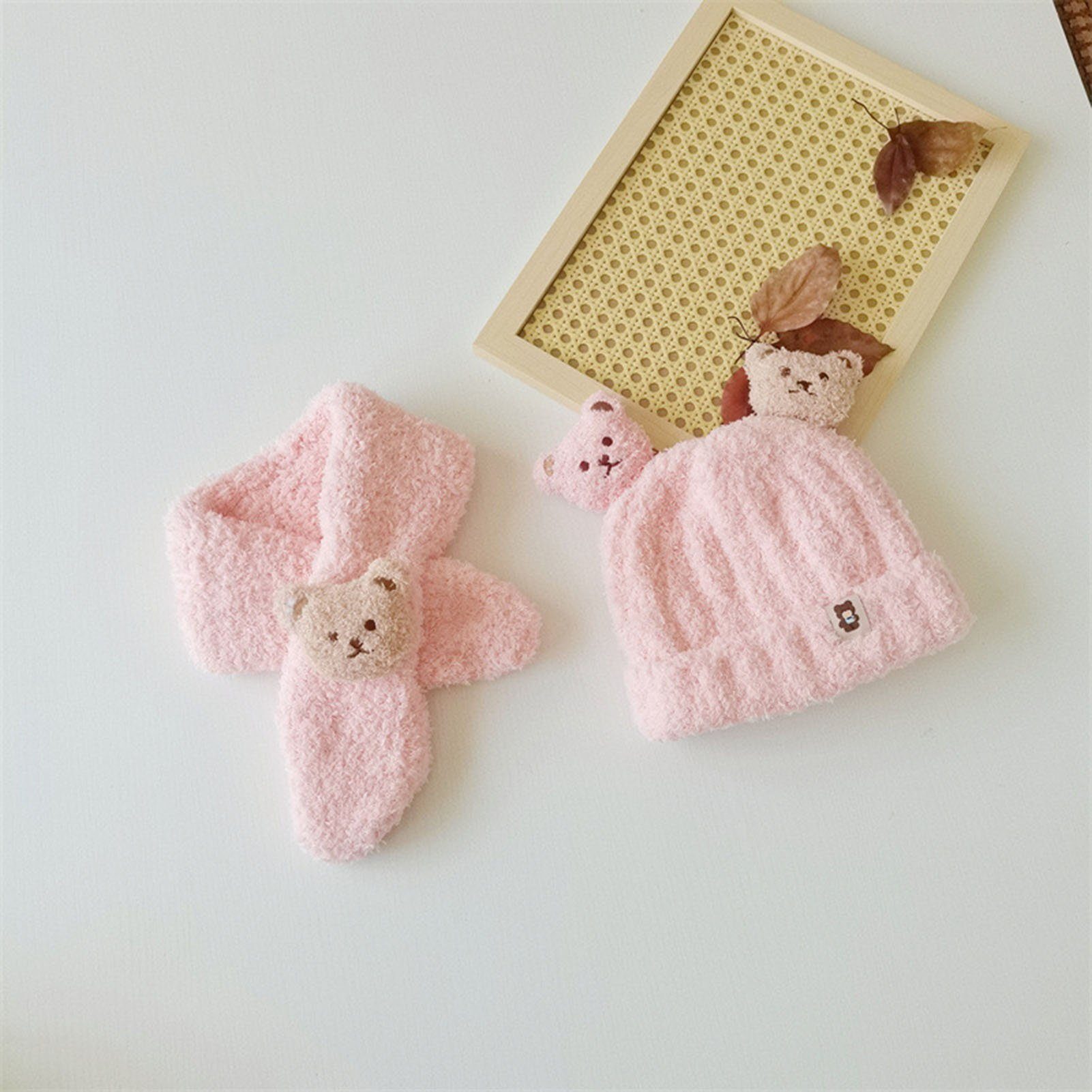 und Herbst für Kinder-Wollmütze Baby-Strickmütze LENBEST Mütze Rosa warme & (2-tlg) Süße Winter, Schal