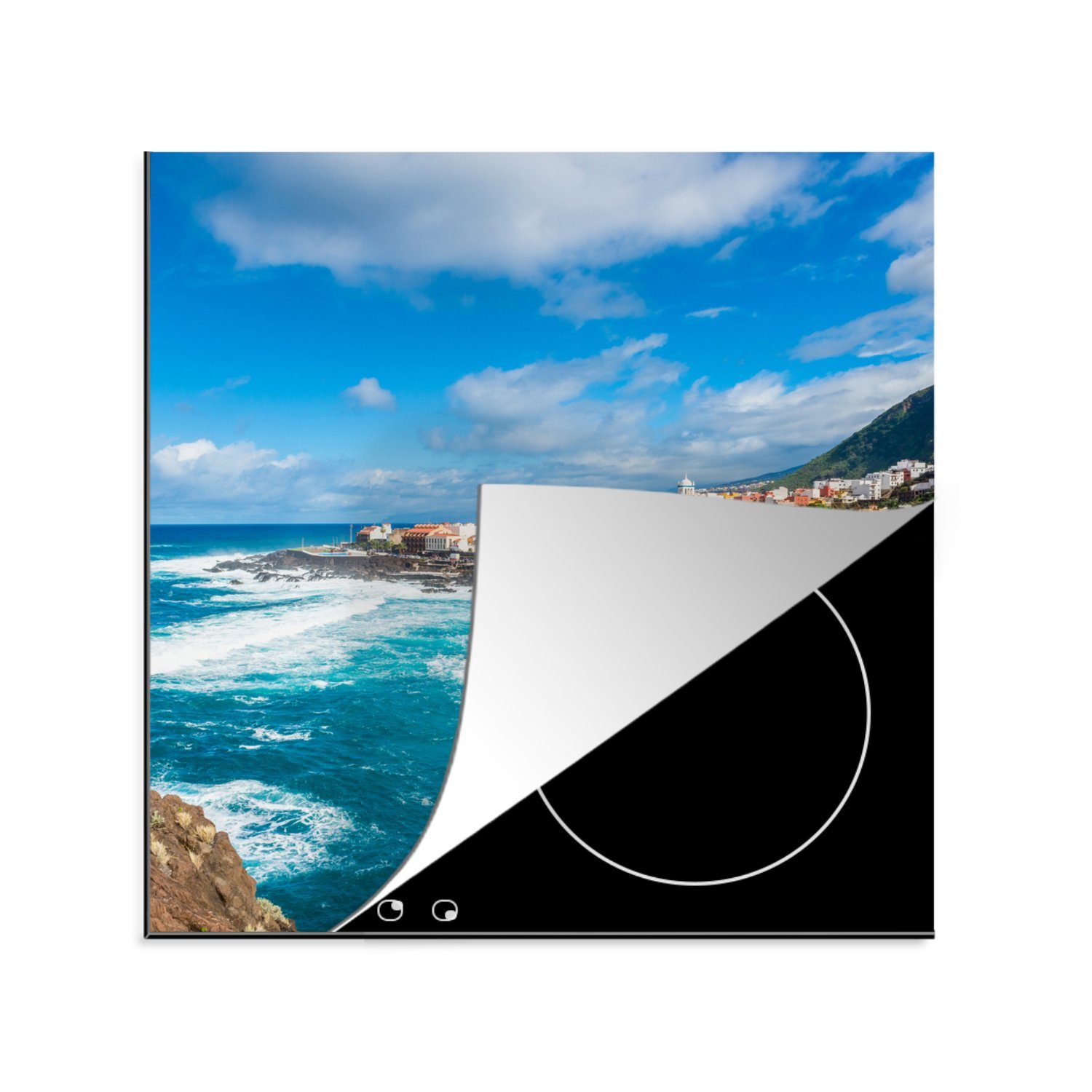MuchoWow Herdblende-/Abdeckplatte Blick auf das Küstendorf Garchico auf Teneriffa, Vinyl, (1 tlg), 78x78 cm, Ceranfeldabdeckung, Arbeitsplatte für küche