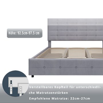 Ulife Polsterbett Doppelbett mit 4 Schubladen, Samt, 180 x 200 cm, Verstellbares Kopfteil