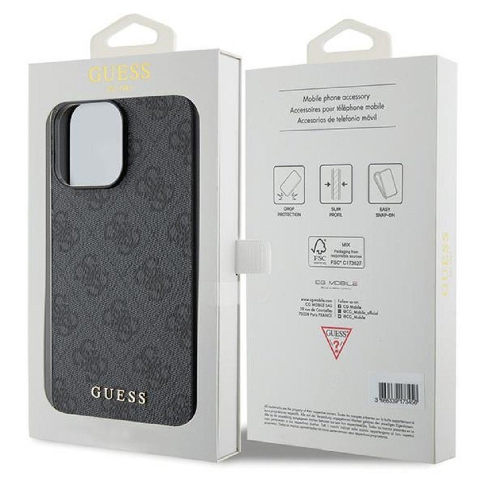Guess Handyhülle Case iPhone 15 Pro Max Kunstleder grau mit goldfarbenen Logo 6,7 Zoll, Kantenschutz