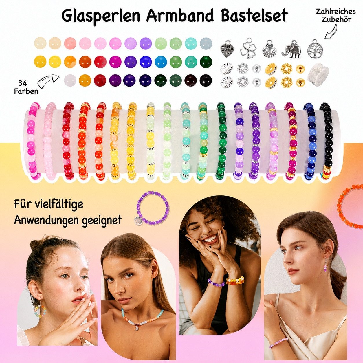 nsihing Ketten und Armband Set 1435 Stück Glasperlen, 6mm 34 Farben Perlen für Armbänder (Perlen Set für Armband Basteln Schmuckherstellung, 1435-tlg), Perlens  – Bild 3 von 5