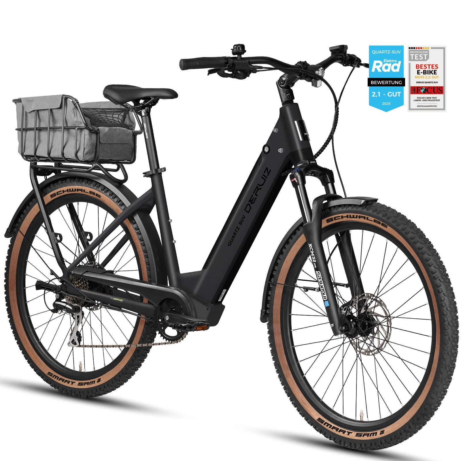 DERUIZ E-Bike Trekkingrad Quartz SUV 27,5 Zoll, bis 160 km, Drehmomentsensor, RH 46 cm, 8 Gang Shimano, Kettenschaltung, Heckmotor 250W, 644 Wh, (5 Stufen,Lockout-Federgabel,LCD-Farb-Display,120 Lux Frontlicht)