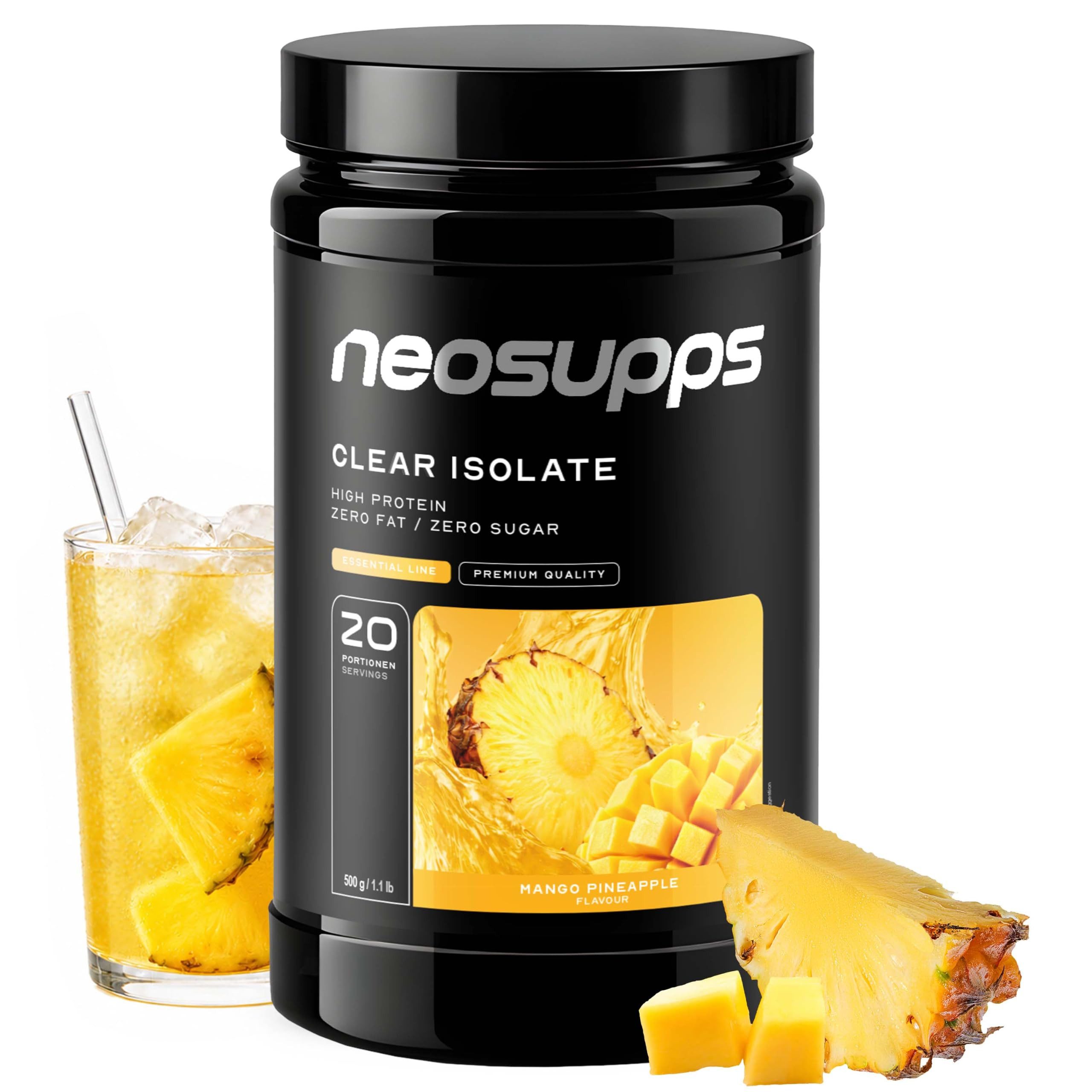 Neosupps Clear Whey Isolat Protein Pulver 500g, Mango-Pinapple Geschmack Pulver, 500 g, Made in Germany, Hochwertiger Molkenprotein Isolat