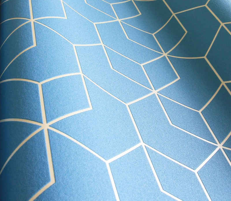 Newroom Vliestapete, Blau Grafiktapete Grafik Geometrisch - Weiß Modern Bauhaus Sechseck für Büro Diele/Flur Schlafen